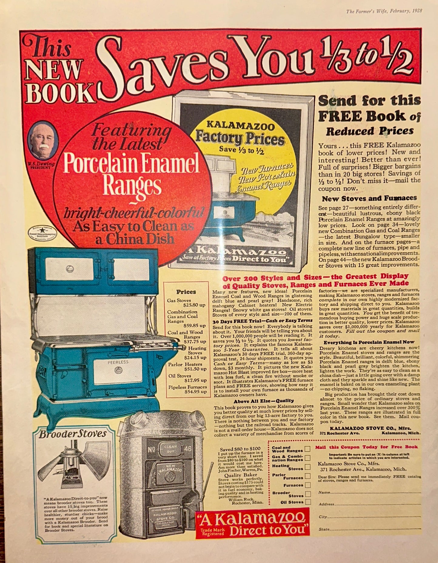 1928 Kalamazoo Peerless Range & Pipeless Furnace Magazine Ad #1922