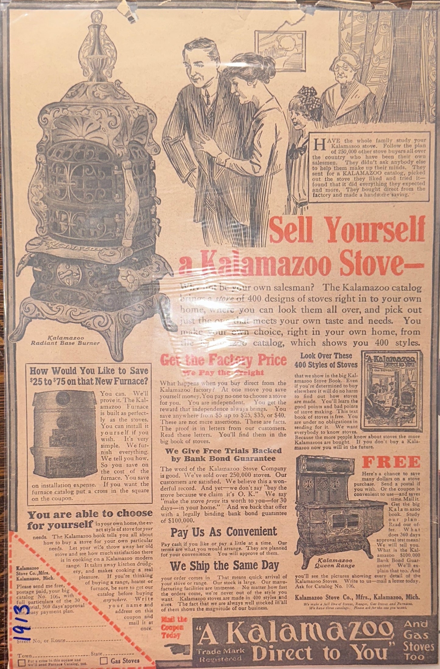 1913 Kalamazoo Pot Belly Stove, Range & Pipeless Furnace Magazine Ad #1921