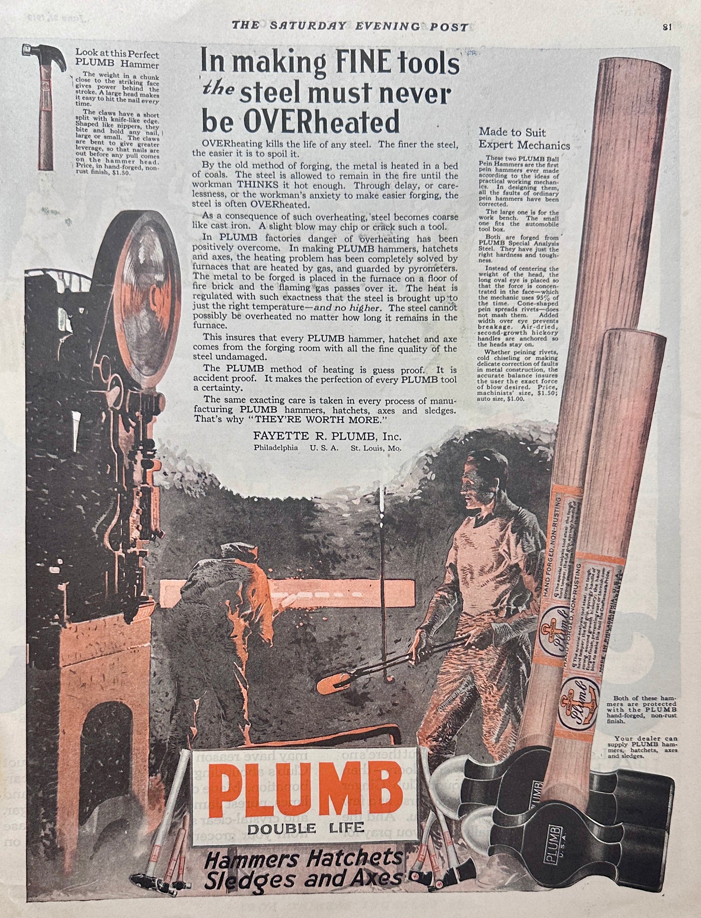 1919 Plumb Hammers and Tools Fayette R Plumb Ad #1929