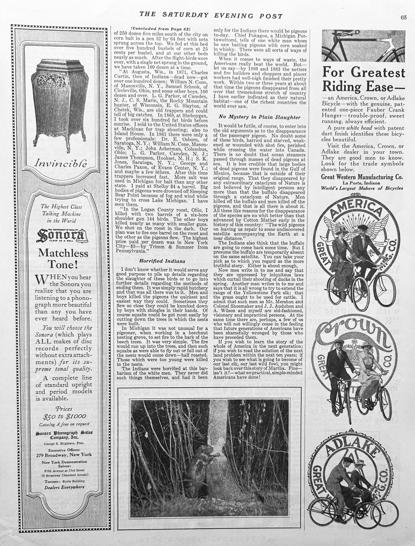1919 Sonora Phonograph & America, Crown, Adlake Bicycle Ads - #1934