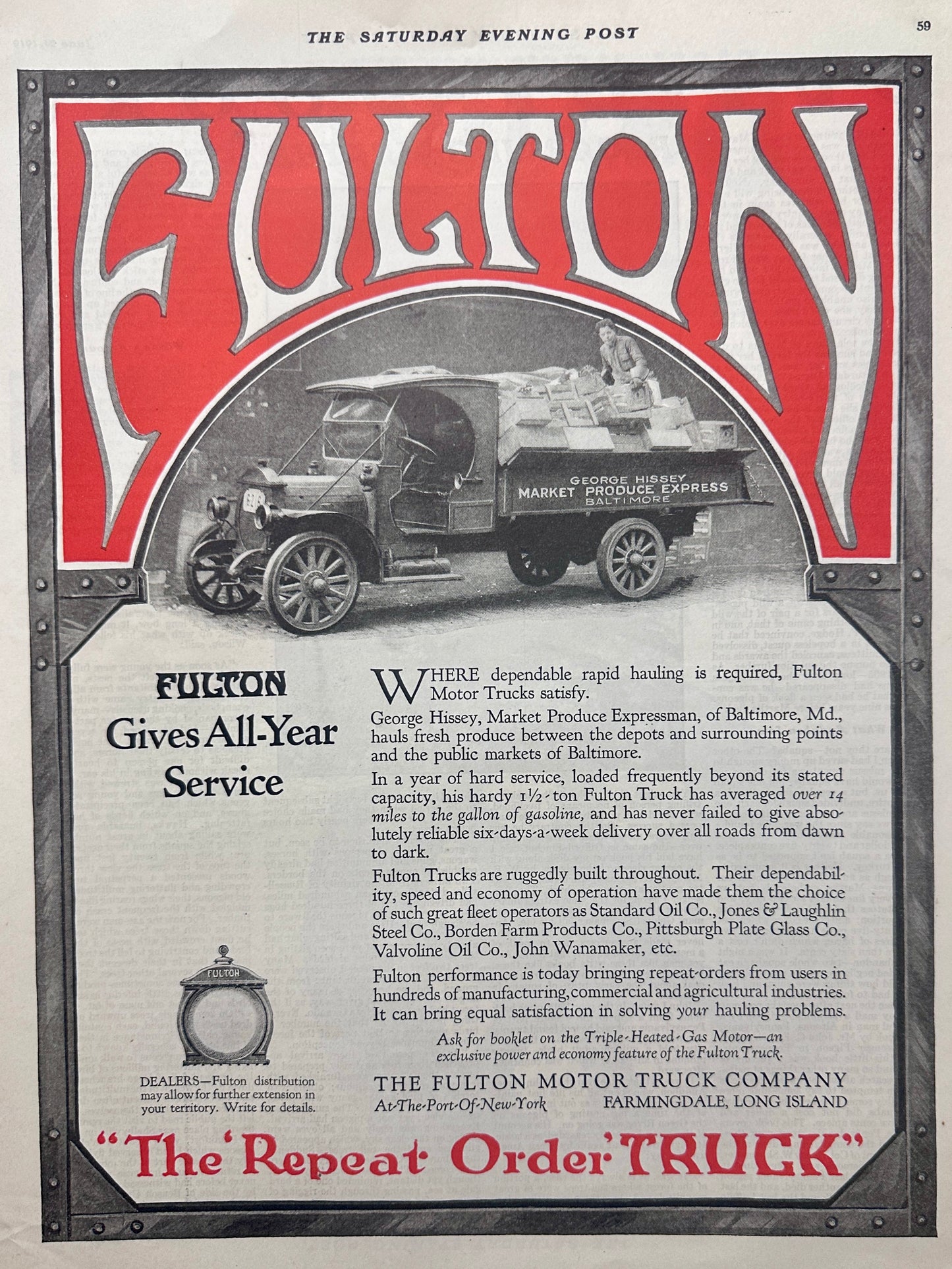 1919 Forgotten Auto Marque - Fulton Motor Truck - The Repeat Order Truck Ad #1936