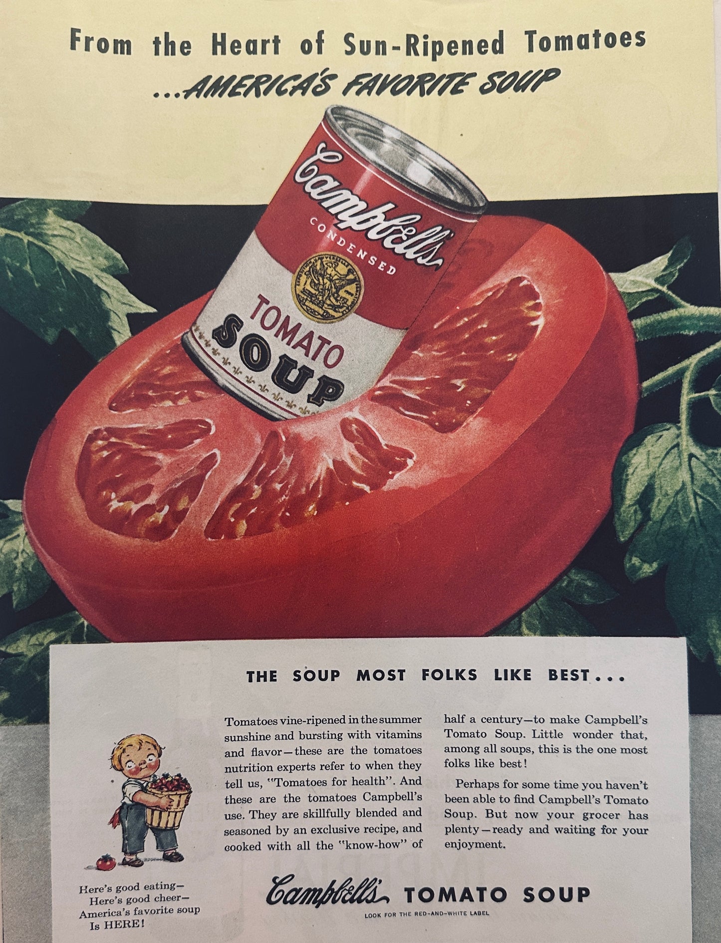 1945 Campbells Tomato Soup Can resting in the Center of Tomato - Magazine Ad N145