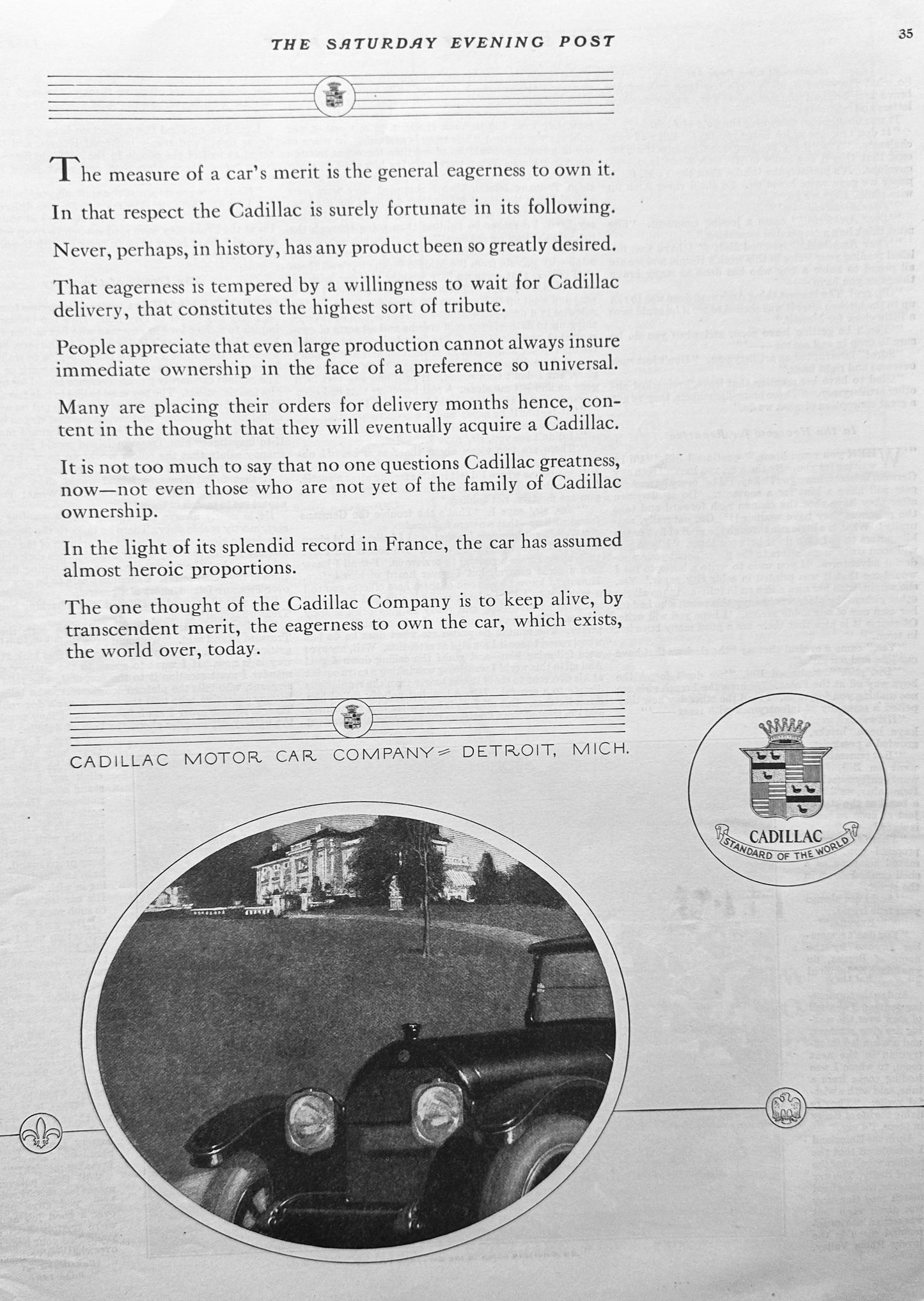 1919 Cadillac Motor Company - The Standard of the World - Ad #1948