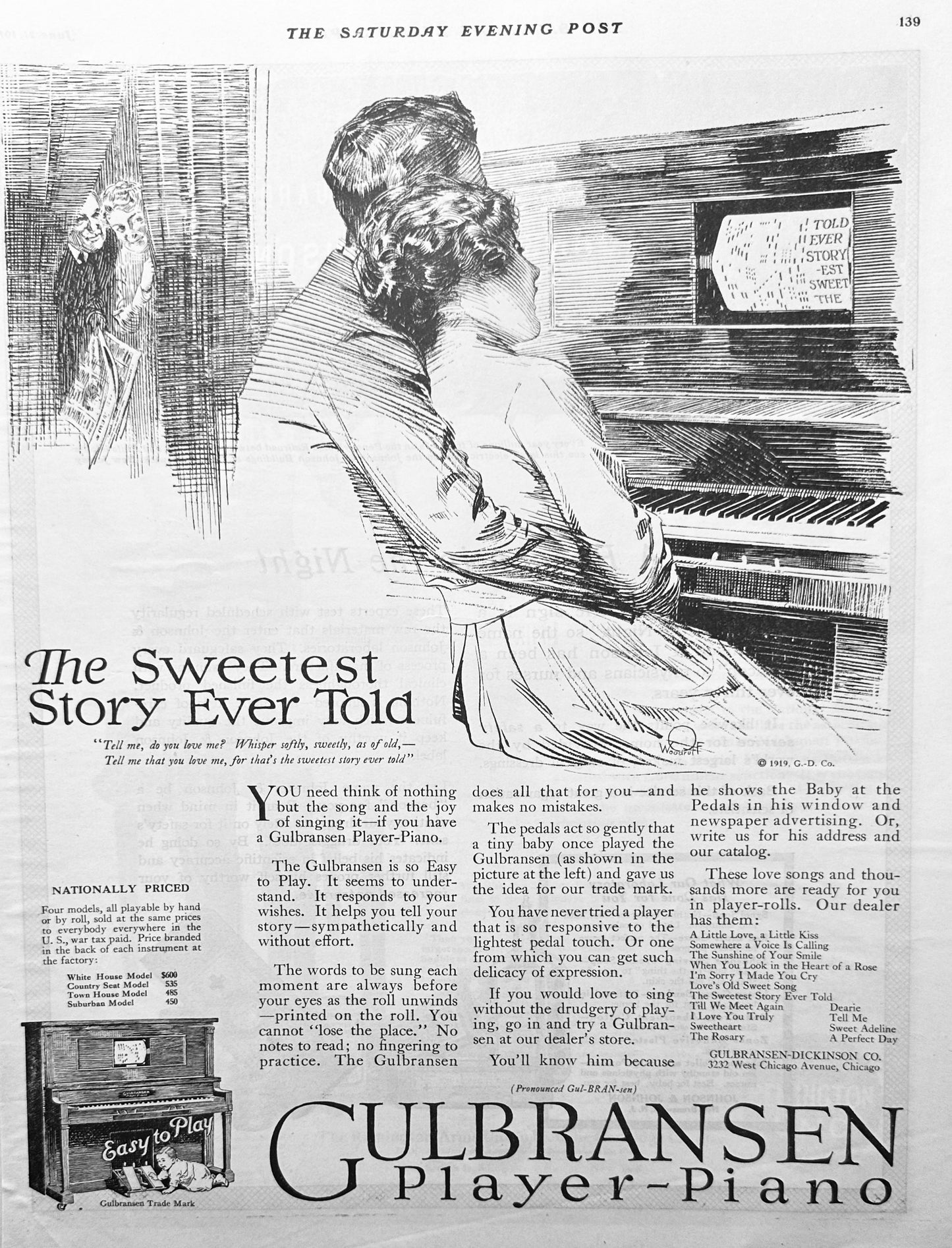 1919 Gulbransen Player-Piano The Sweetest Story Ever Told - Ad #1951