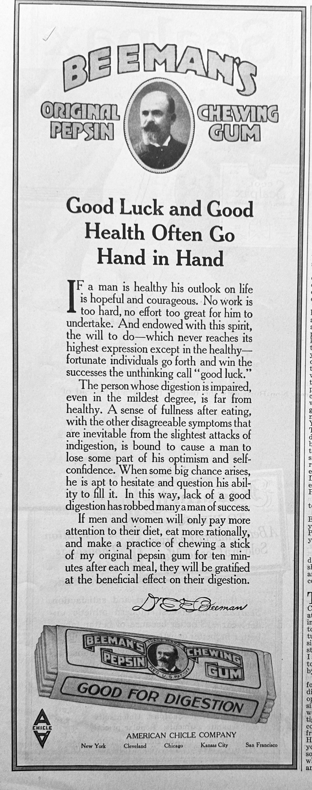 1919 Beeman's Original Pepsin Chewing Gum Ad #1953
