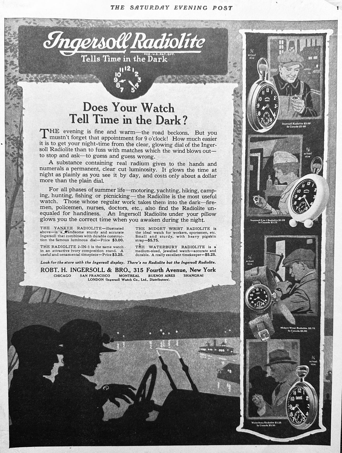 1919 Ingersoll Radiolite - Tells Time in the Dark - AD #1958