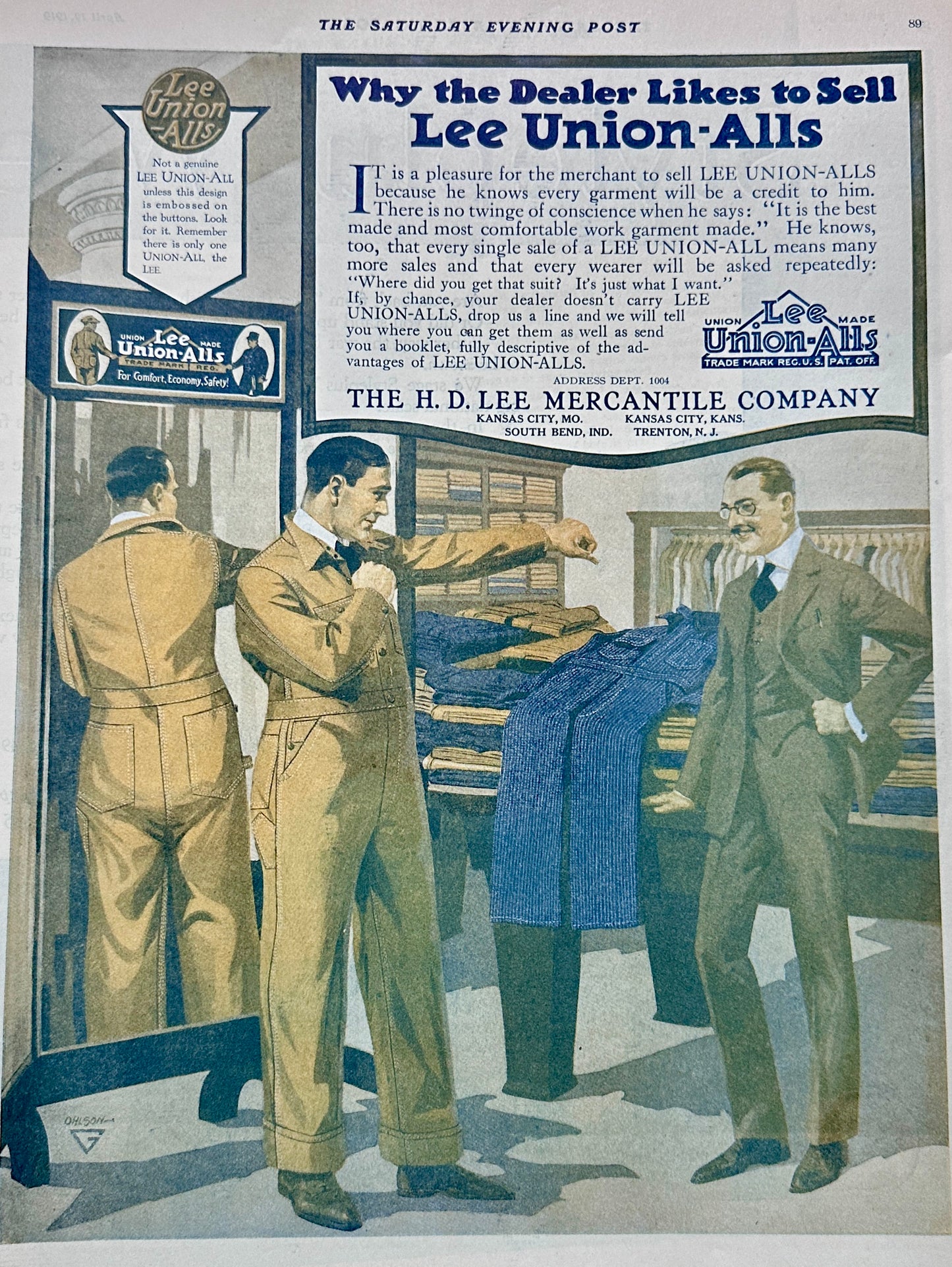 1919 Lee Union-Alls - H.D.Lee Mercantile Company - Lee Coveralls Ad #1999