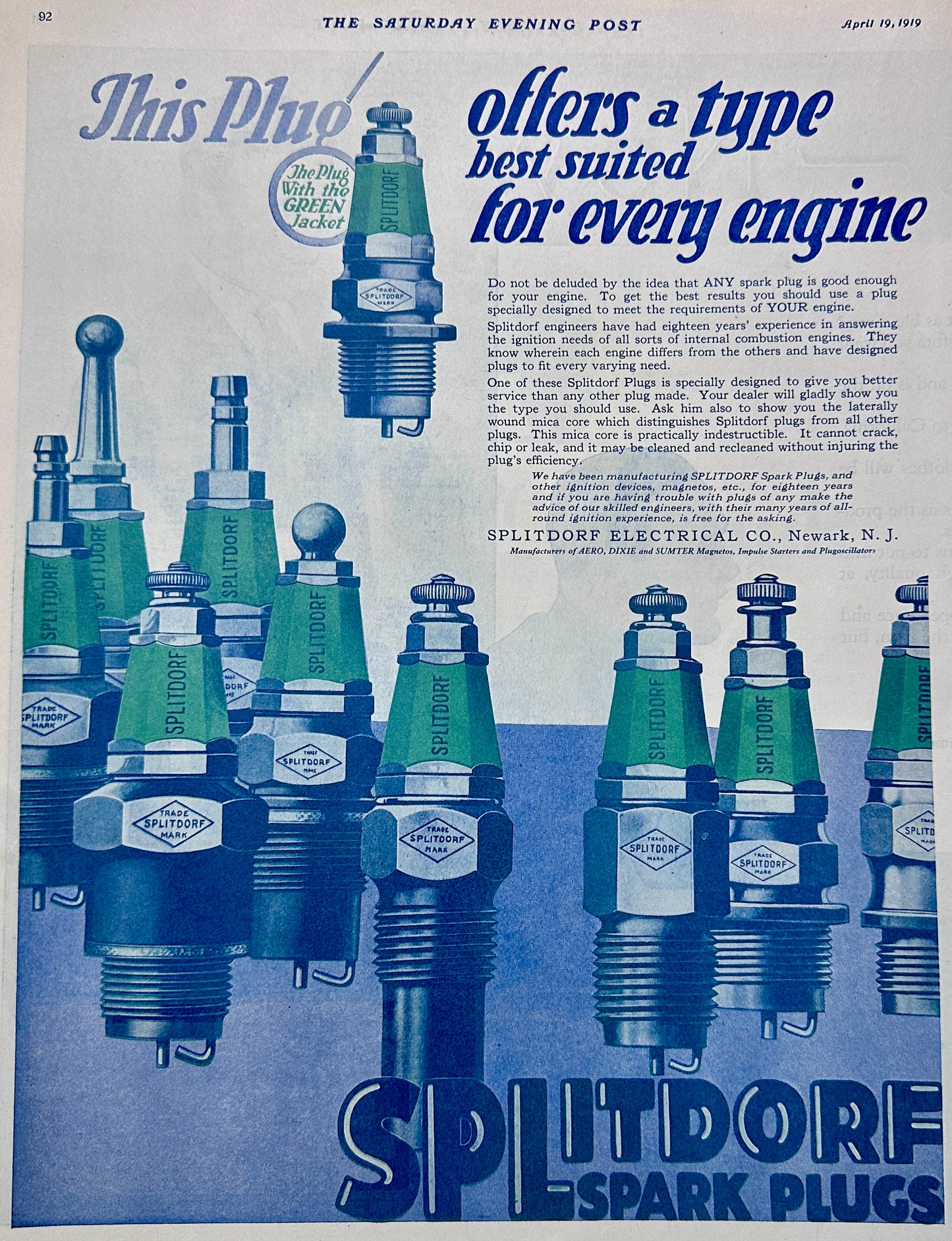 1919 Splitdorf Spark Plugs Newark, NJ Ad #1998 - Uncommon Brand