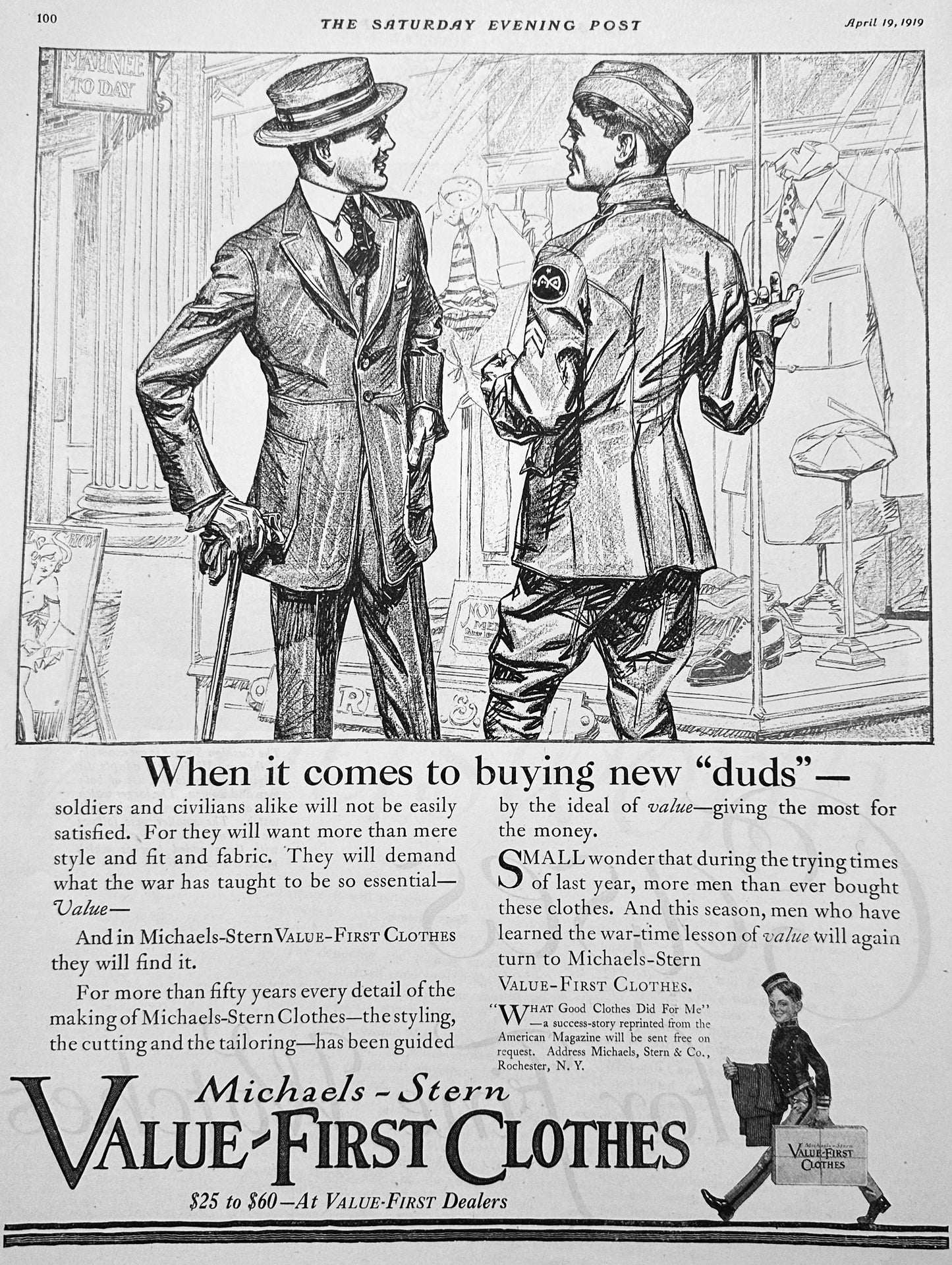 1919 Michael-Stern Value-First Clothes - Rochester, NY Returning WWI Vets Ad #1996