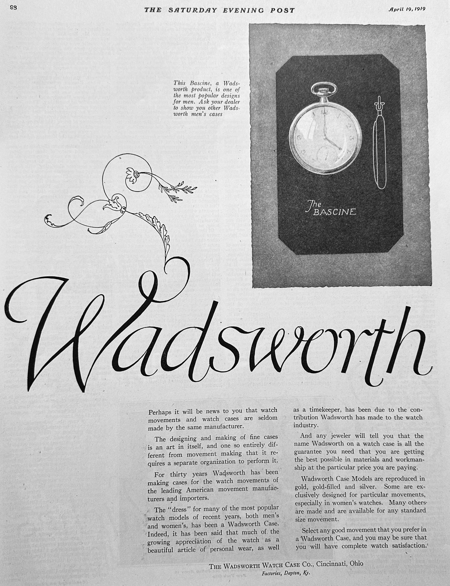 1919 Wadsworth Watch Cases Cincinnati, Ohio Factories - Dayton KY Ad #1995