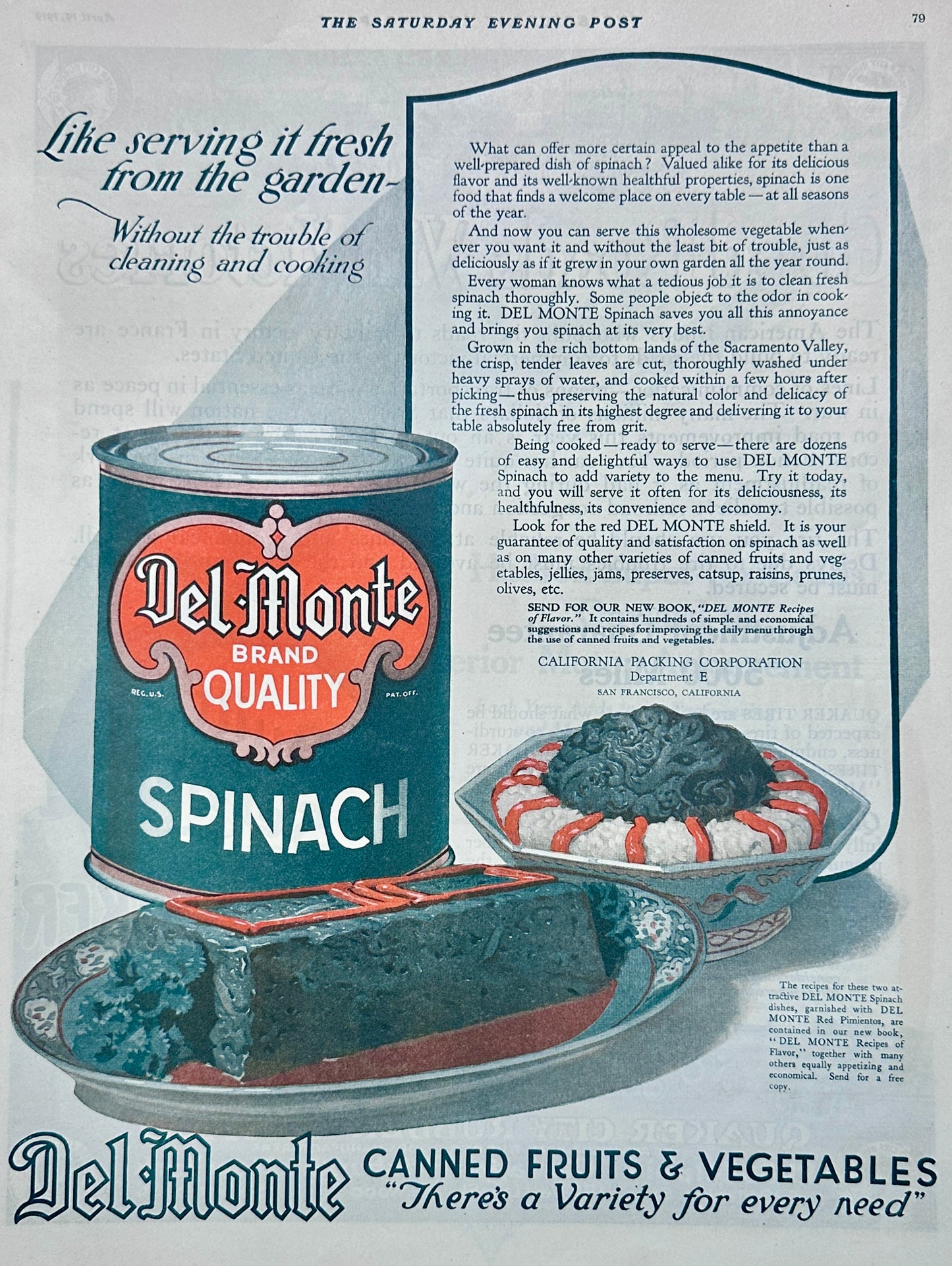 1919 Del Monte Canned Spinach - California Packing Co California ad #1994