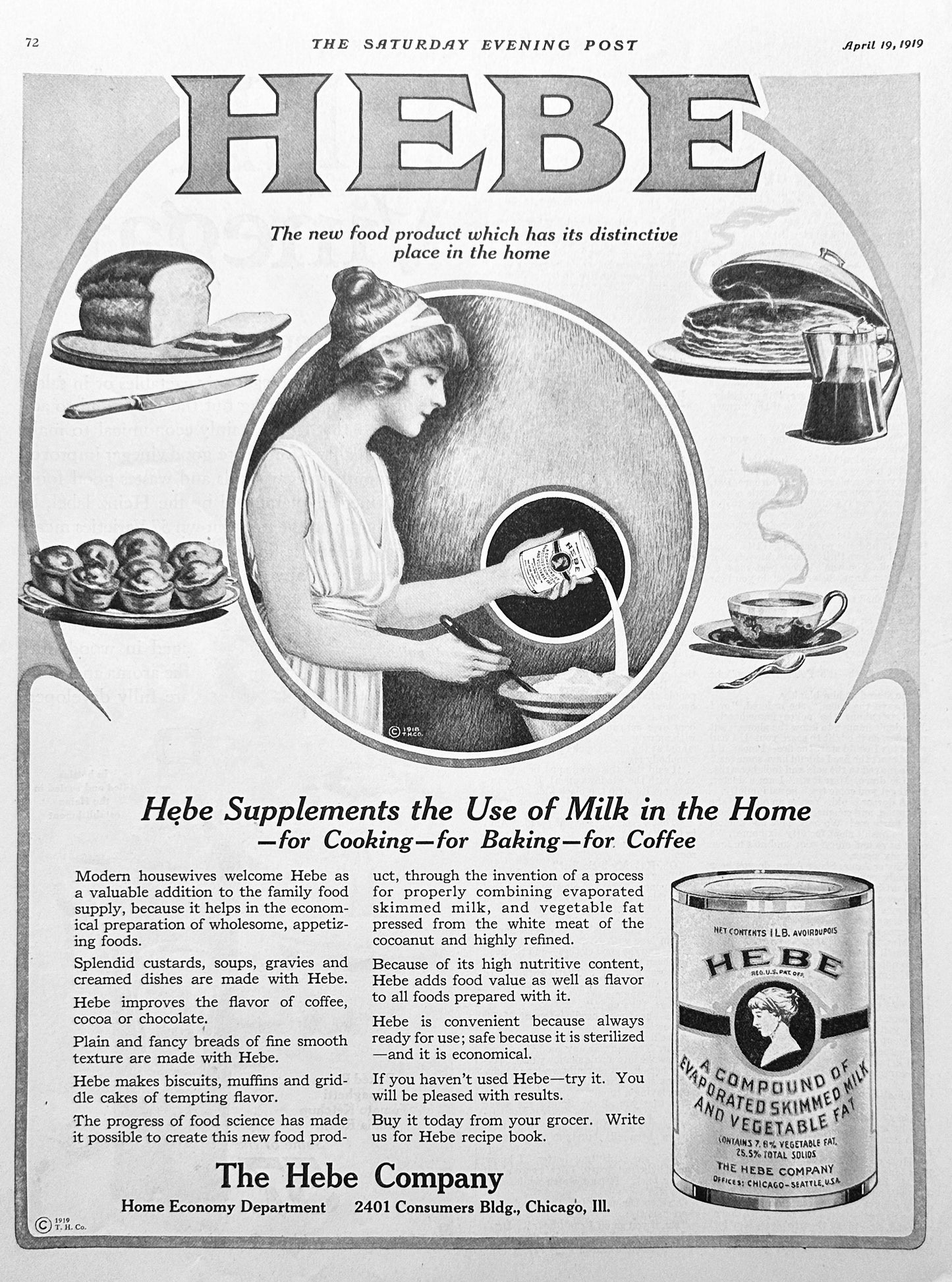 1919 HEBE Company - Milk Supplements for Cooking-Baking-Coffee Ad #1990