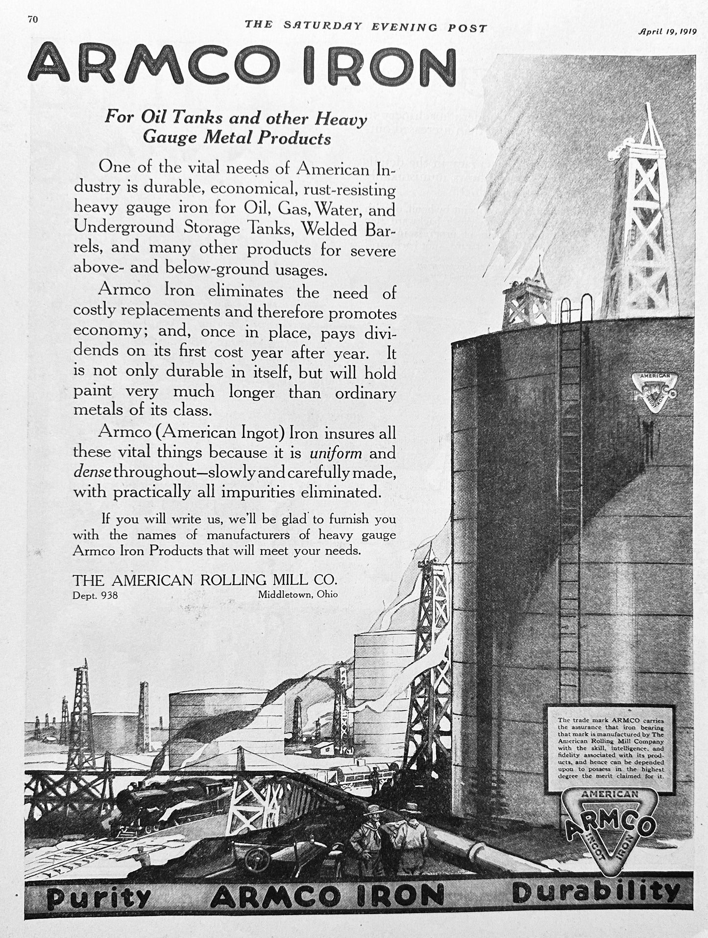 1919 ARMCO IRON for Oil Tanks - Middletown, Ohio - Ad #1989