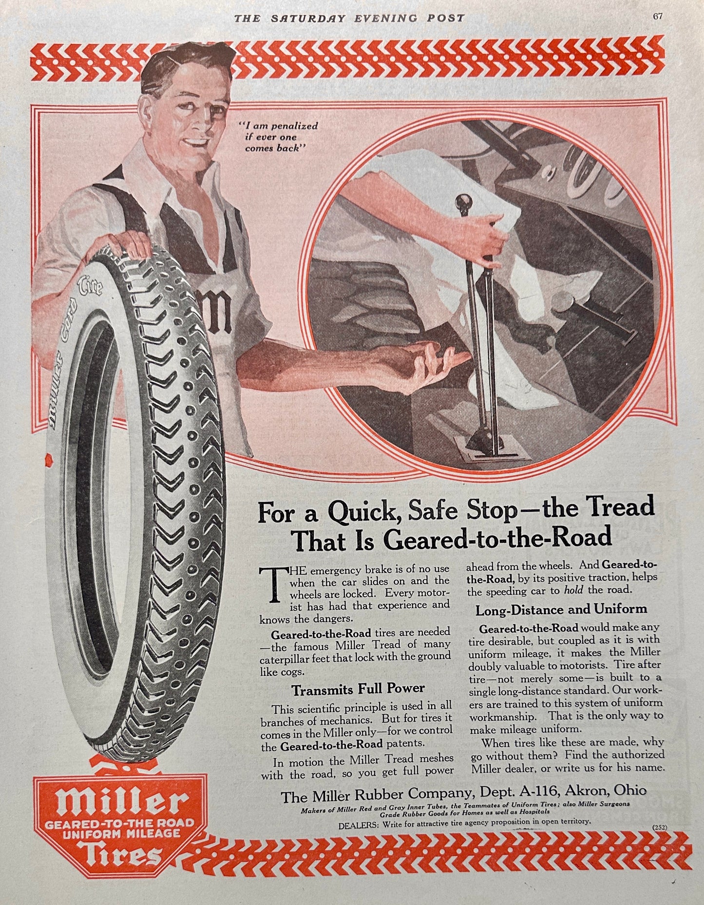 1919 The Miller Rubber Co - Akron, Oh - "Geared-To-The-Road" tires - Ad #1987