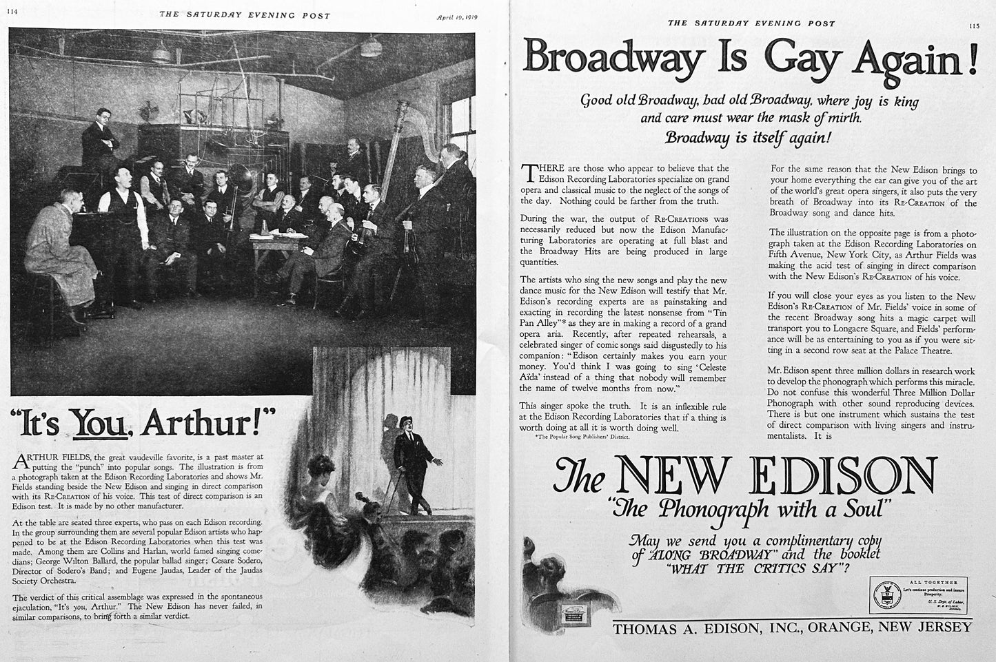 1919 the New Edison - Phonograph with a Soul - Broadway Ad #1984