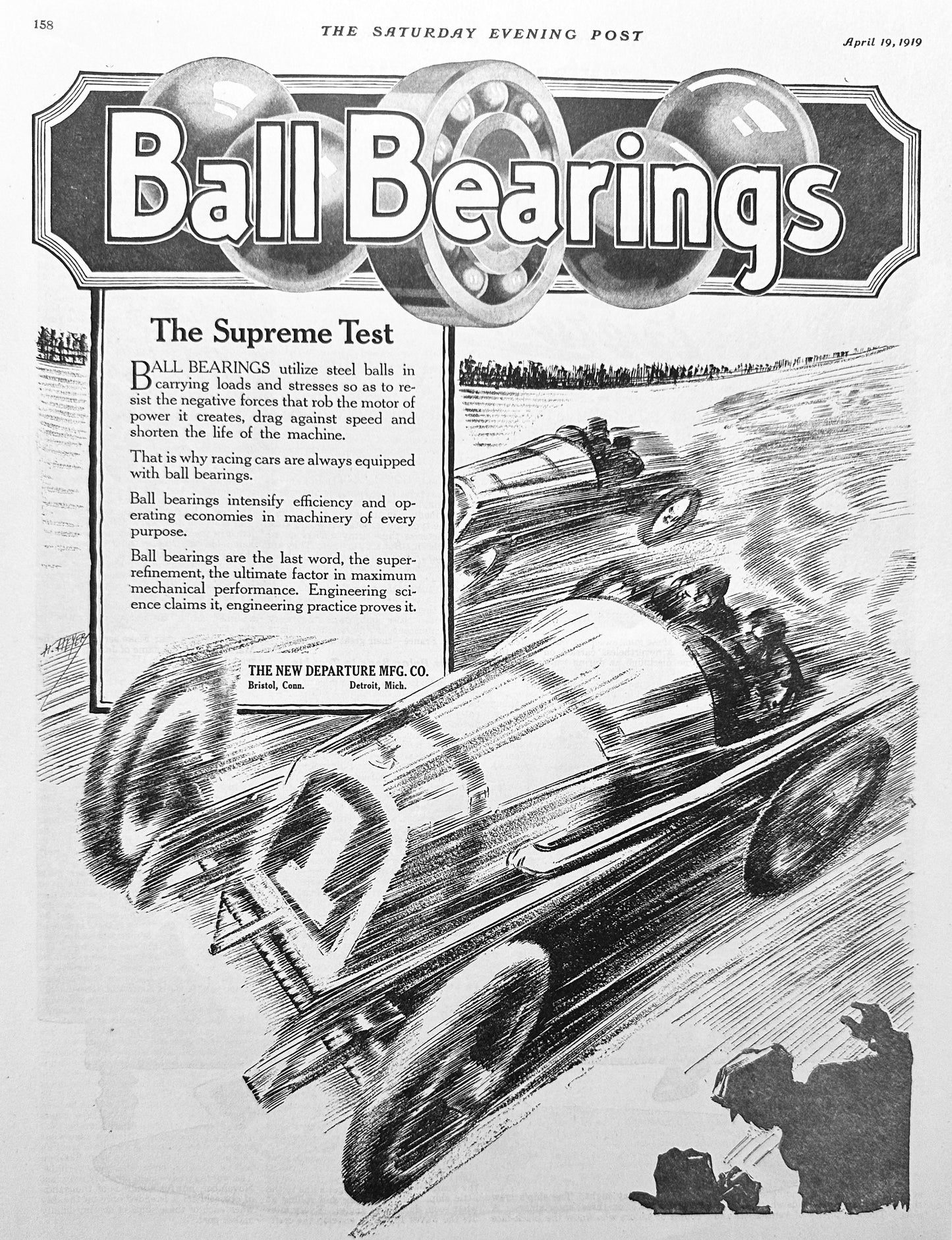 1919 New Departure Ball Bearings - Vintage Racing Scene Ad #1969