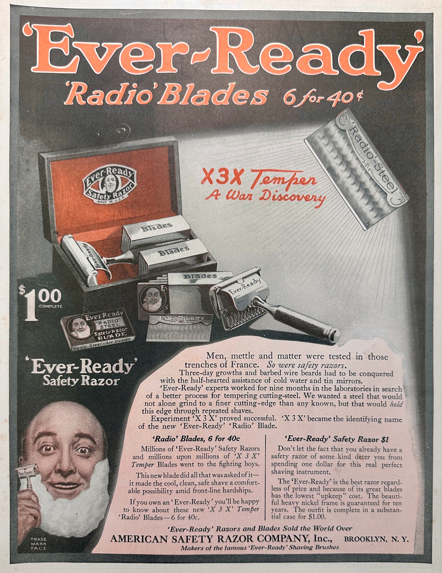 1919 Ever-Ready Radio Blades X3X Temper "A War Discovery" Ad #1962