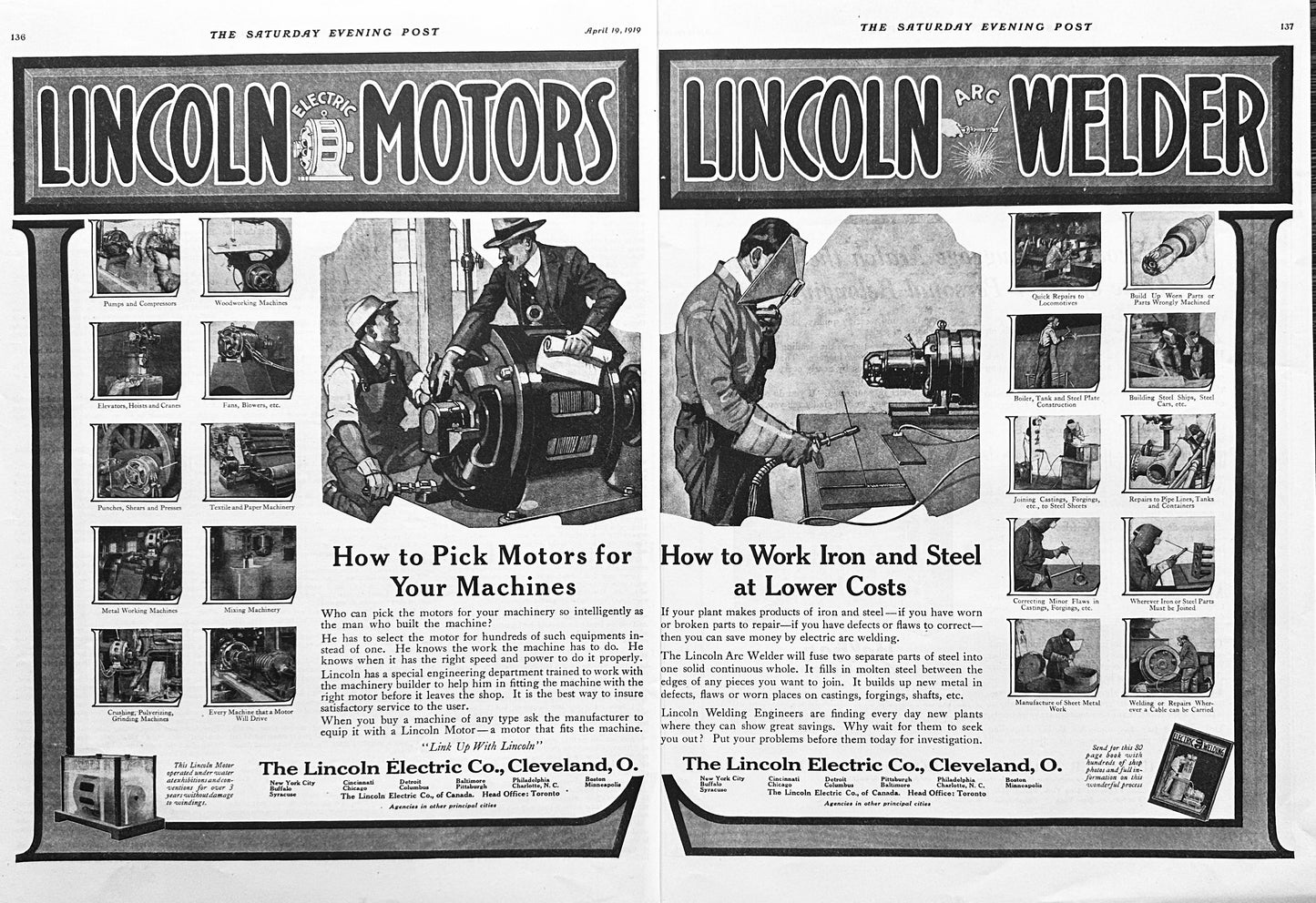 1919 2-Page Ad Lincoln Electric Motors & Arc Welders Cleveland, Oh Ad #1978