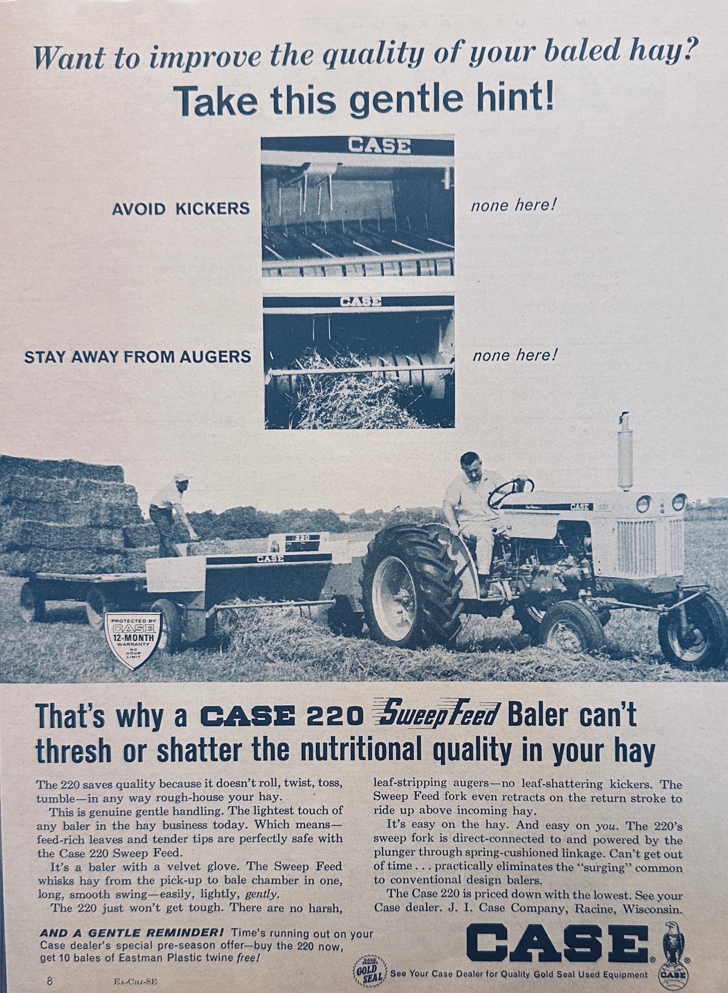 1965 Case 220 Sweep Feed Baler - No Kicker or Auger - Magazine Ad