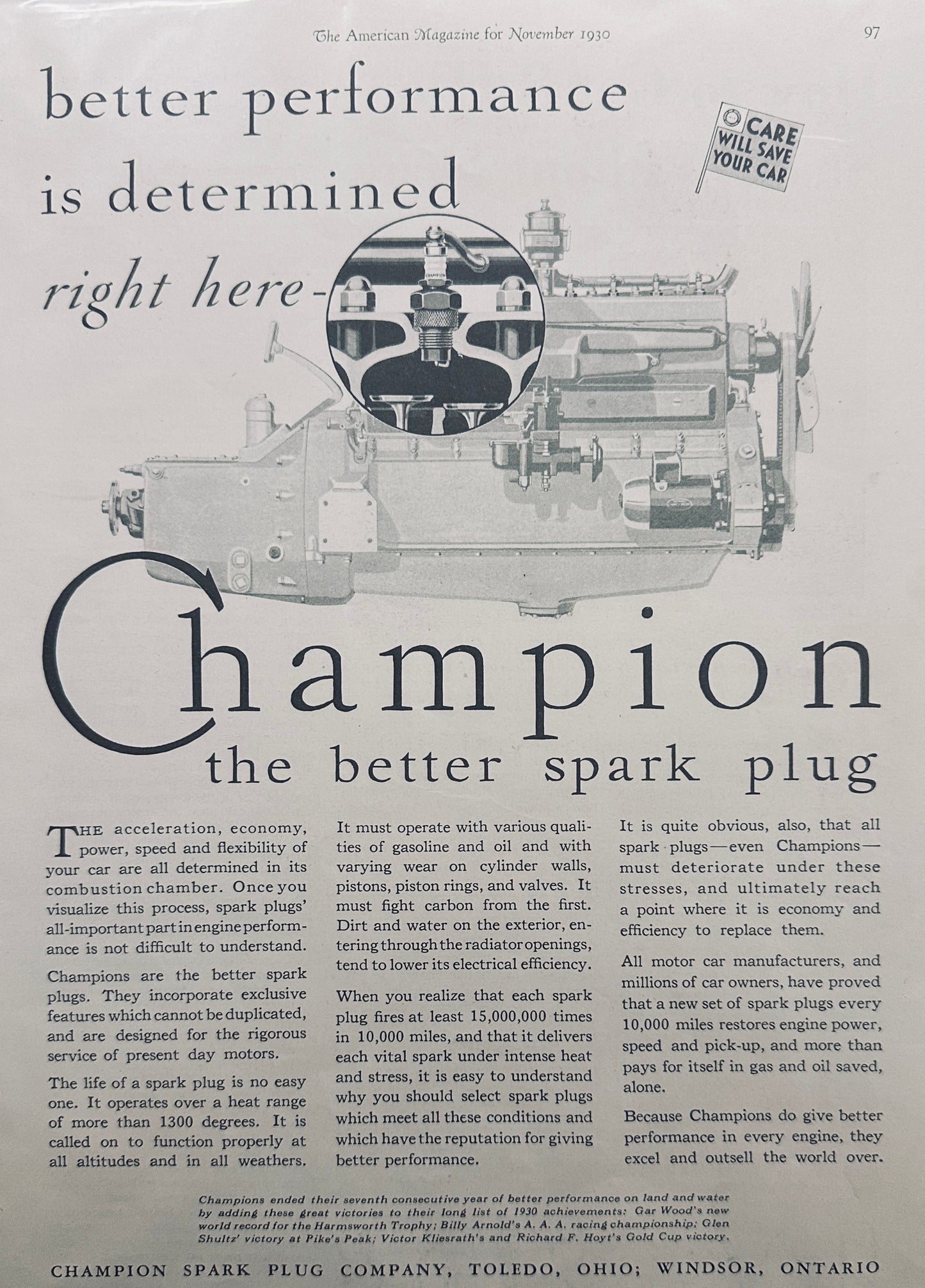 1930 Champion Sparkplug - The better Spark Plug - Magazine Ad