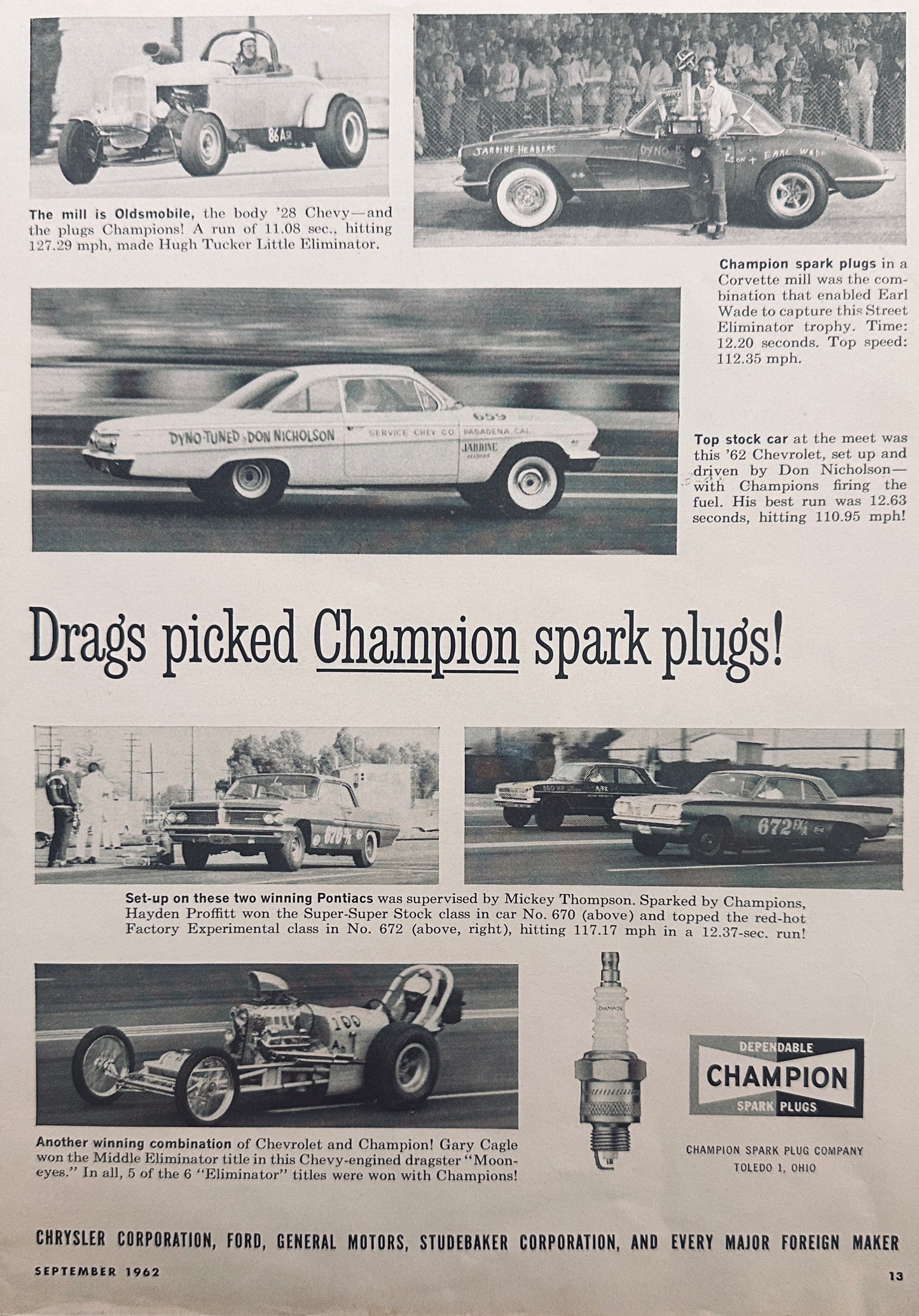 1962 Drag Racers Pick Champion Spark plugs! - Magazine Ad N197