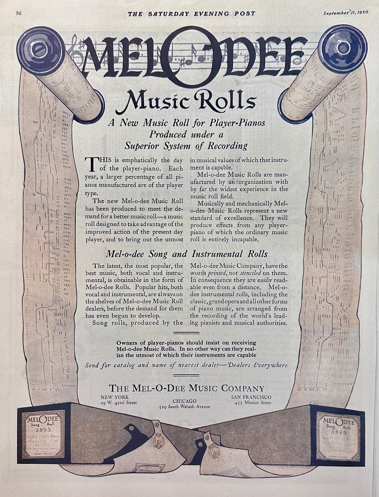 1920 Mel-O-Dee Music Company - Player Piano Rolls Ad #2044