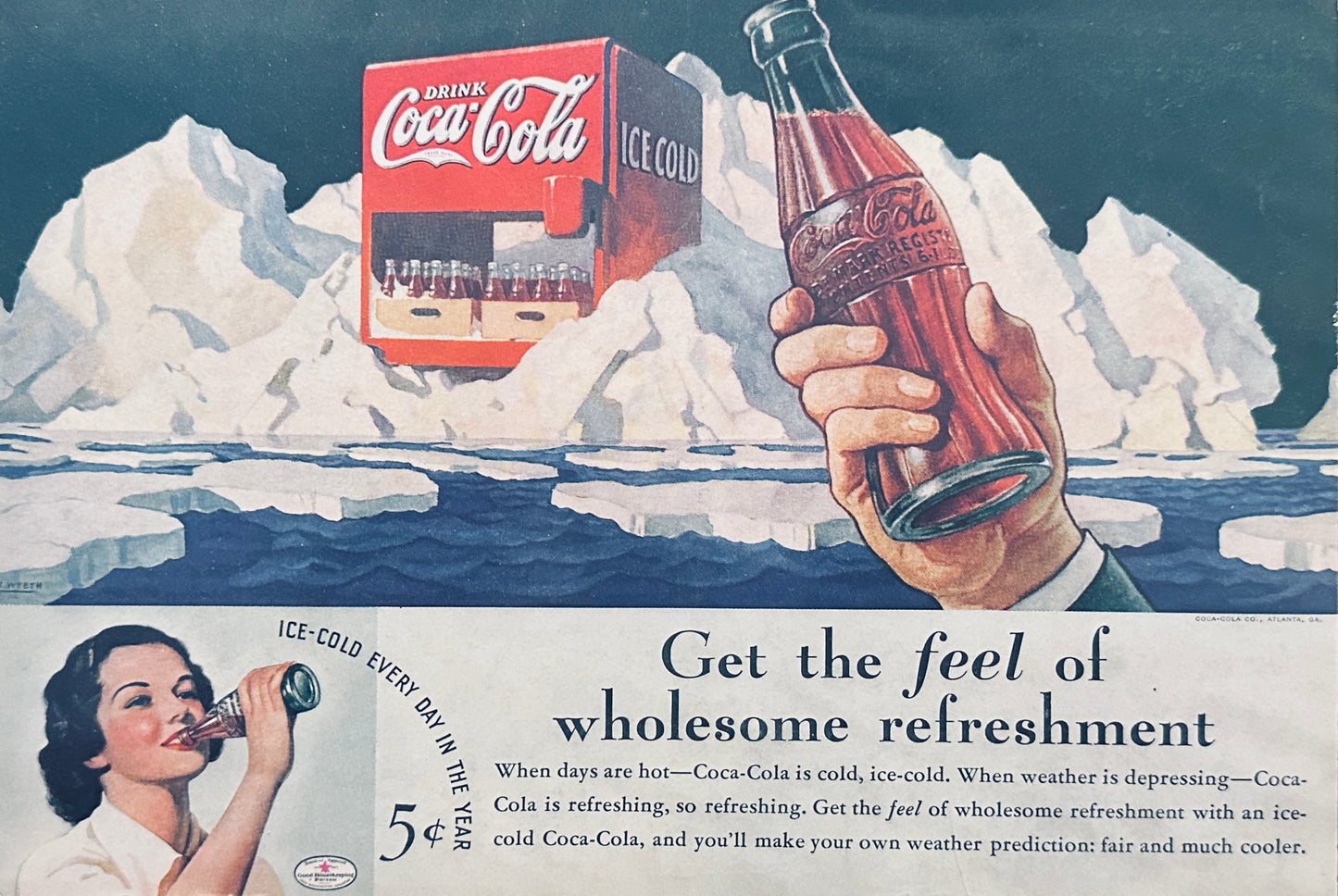 1936 Coca-Cola Coke Coke Stored on Ice Glacier - Magazine Ad N233