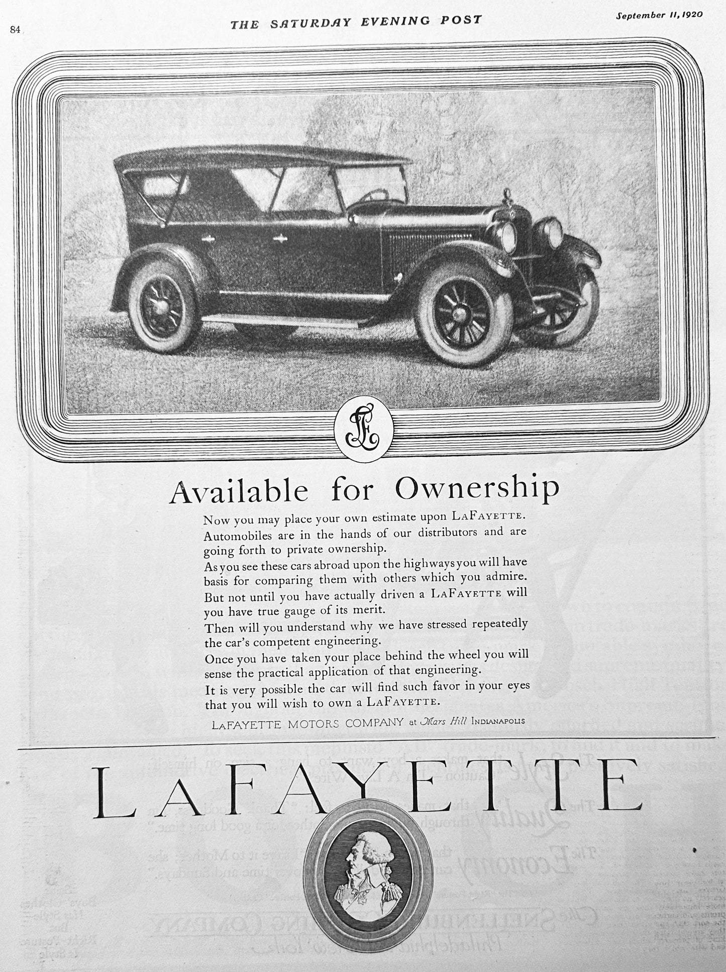 1920 Lafayette Motor Company - Indianapolis Ad #2028