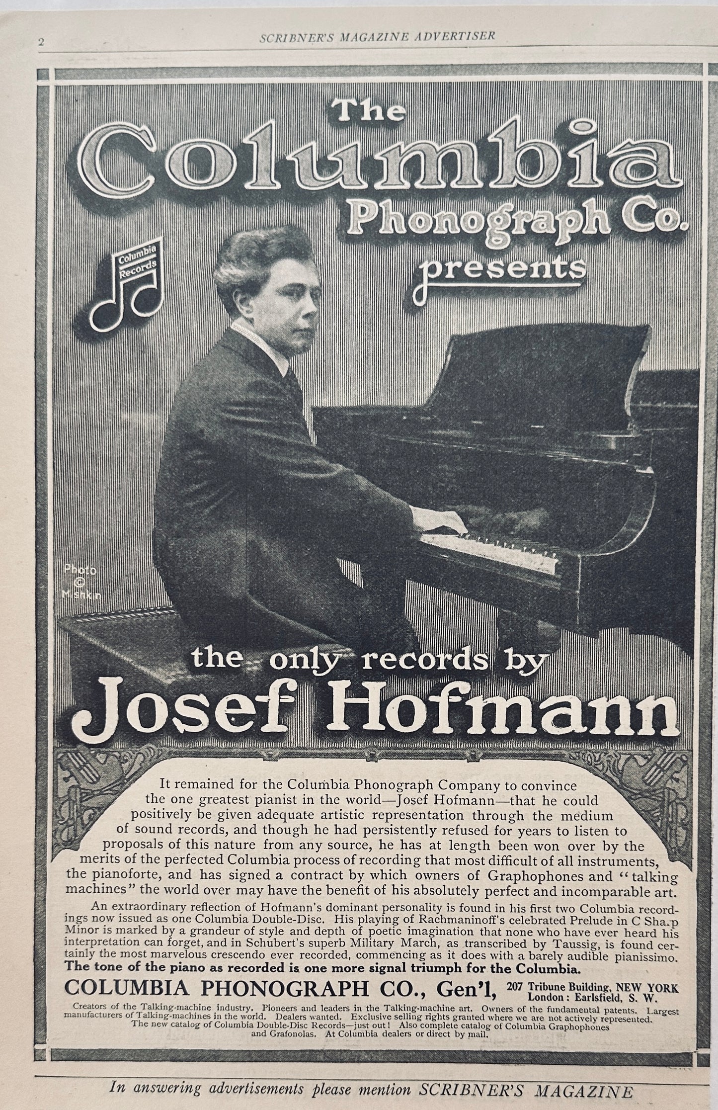 1911 Columbia Phonograph Joseph Hoffmann Ad N262