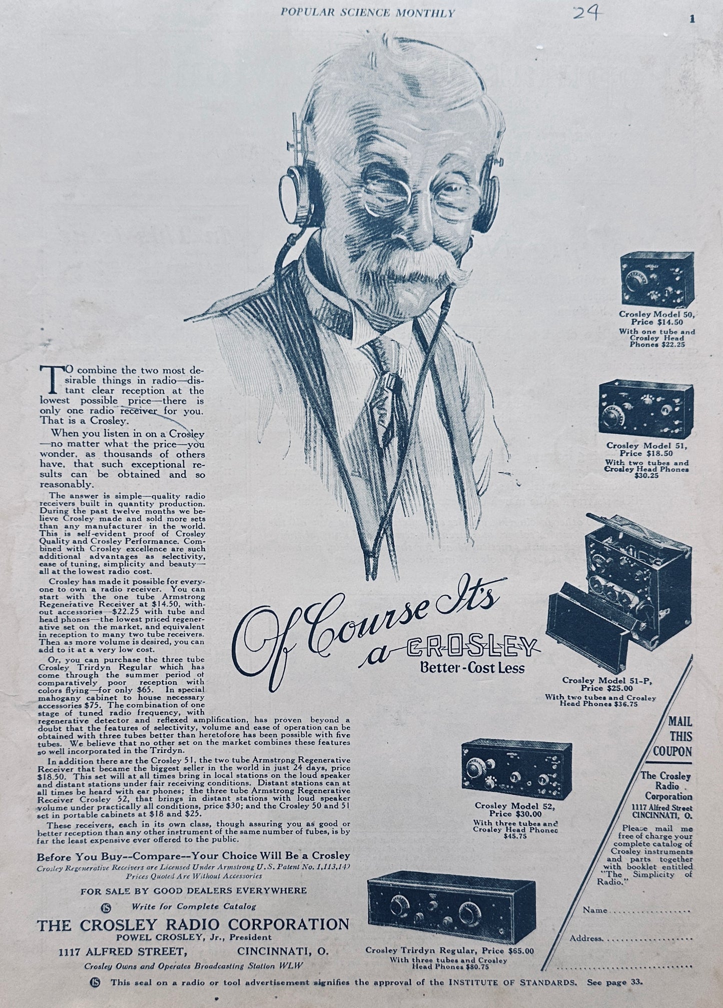 1924 Crosley Radio Magazine Advertisement Friendly Looking Old Man