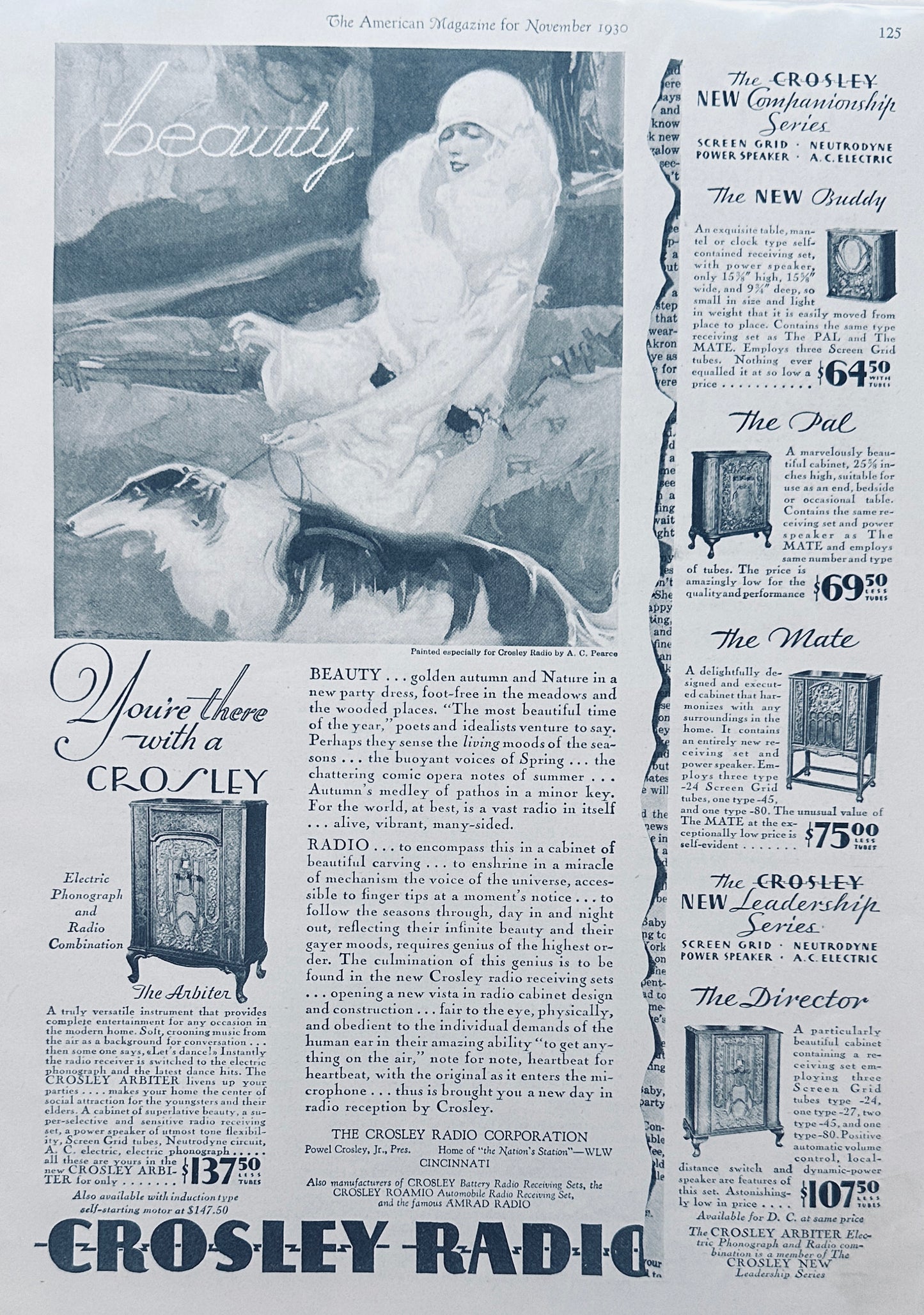 1930 Crosley Radio 5 - Models Shown Lady & Her Hound Magazine Ad N275