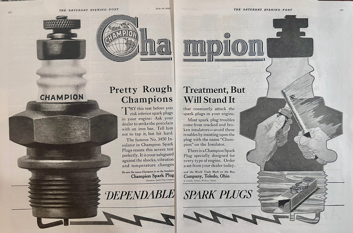 1920 2-Page Champion Spark Plug - Famous No. 3450 Insulator - Ad # 2067