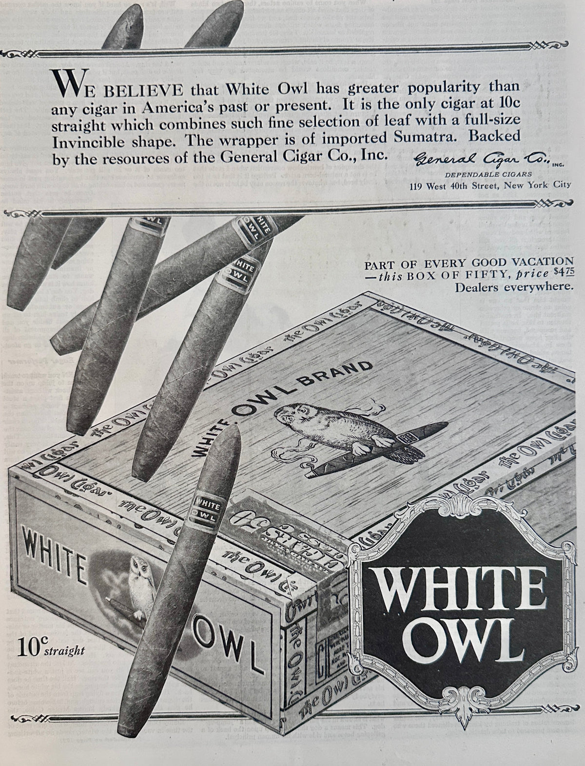 1920 White Owl Cigars - General Cigar Co., Inc - Box of 50 Ad # 2066