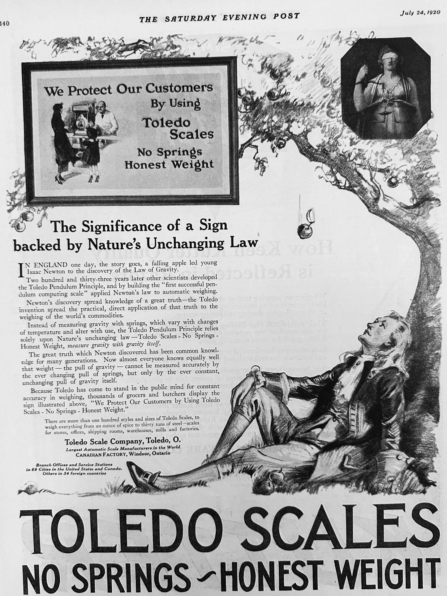 1920 Rare Toledo Scales - No Springs Honest Weight - Ad #2073