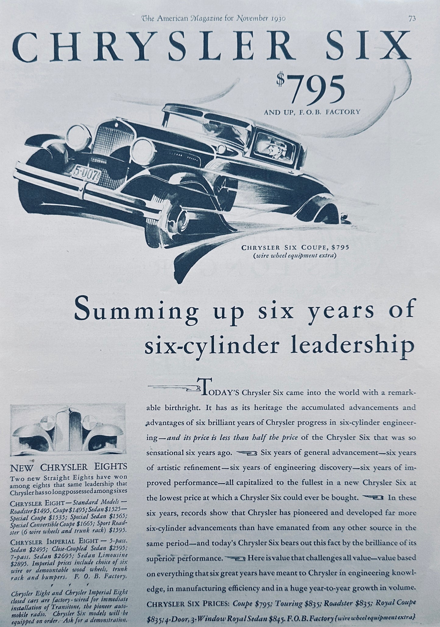 1930 Chrysler Six Coupe Magazine Ad