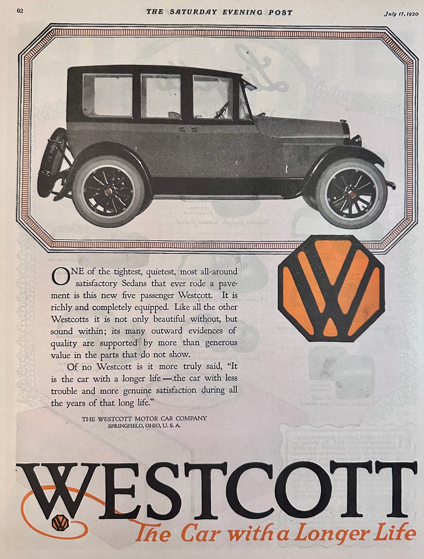 1920 WESTCOTT Motor Car Co Springfield - Oh AD #2109