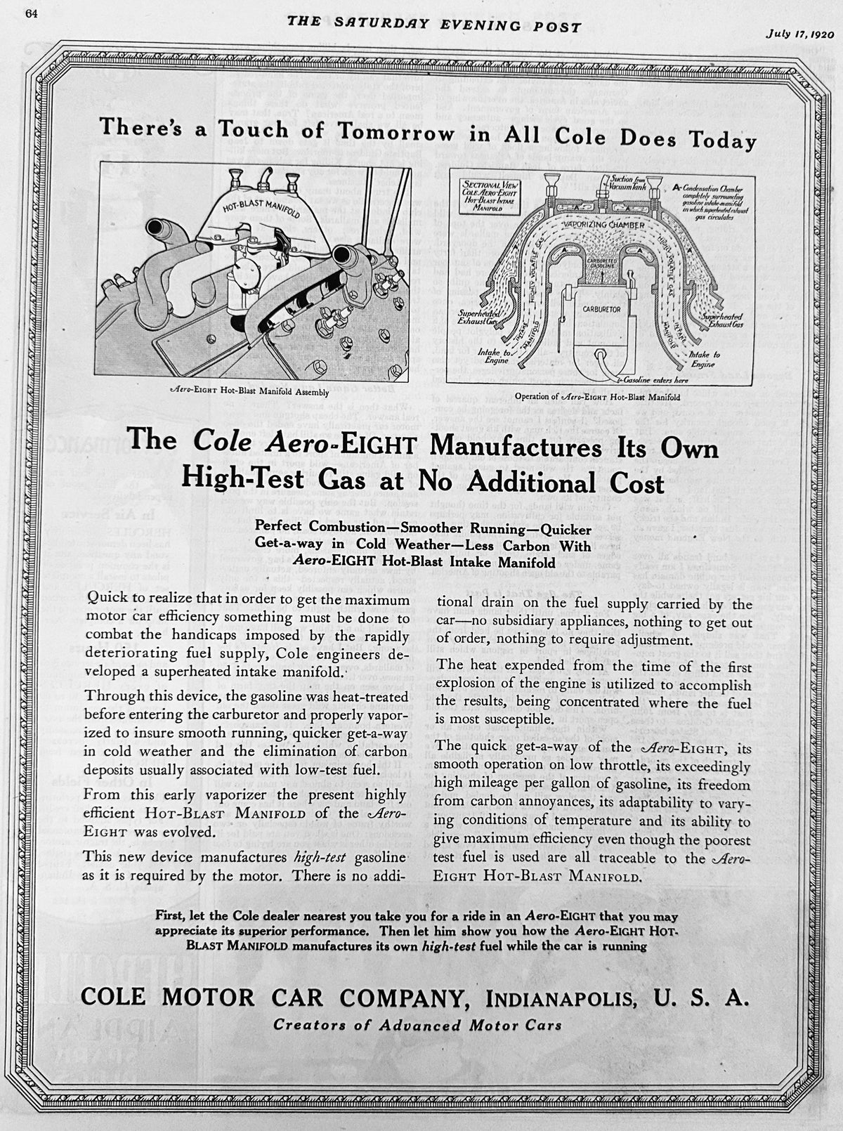 1920 Cole Aero-Eight Hot Blast Intake Manifold - Ad # 2107 Indianapolis