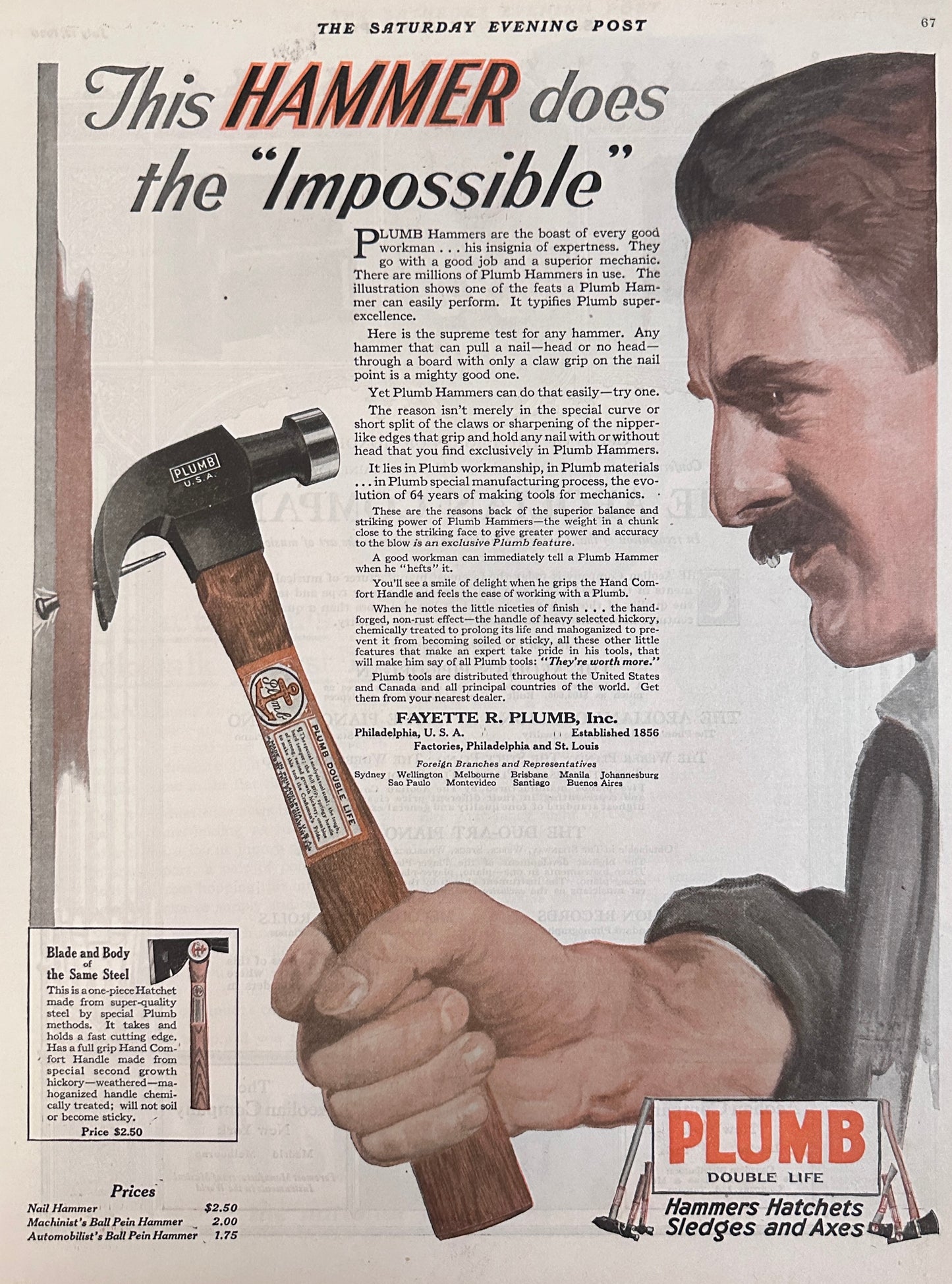 1920 Plumb Double Life Hammers Hatchets Sledge & Axes - Hammer Ad #2106