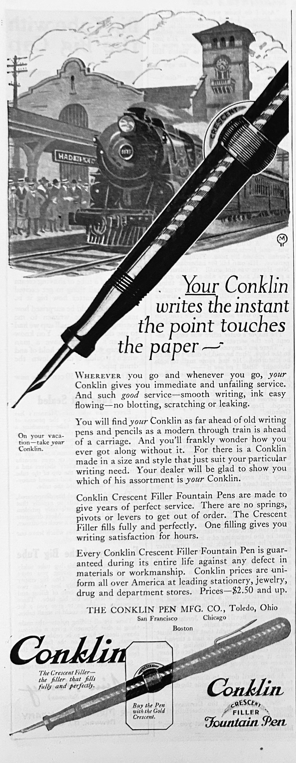1920 Conklin Crescent Filler Fountain Pens - Ad # 2100