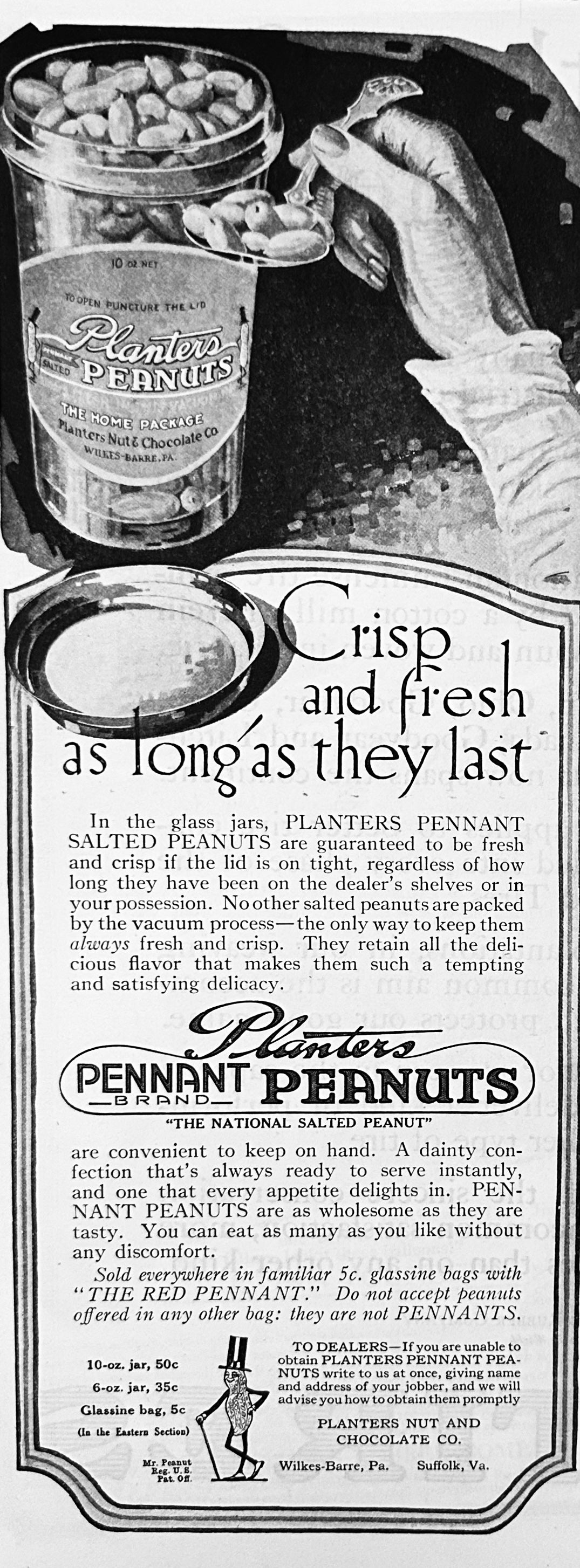 1920 Planters "Pennant" Salted Peanuts - Ad #2097 Glass Jars