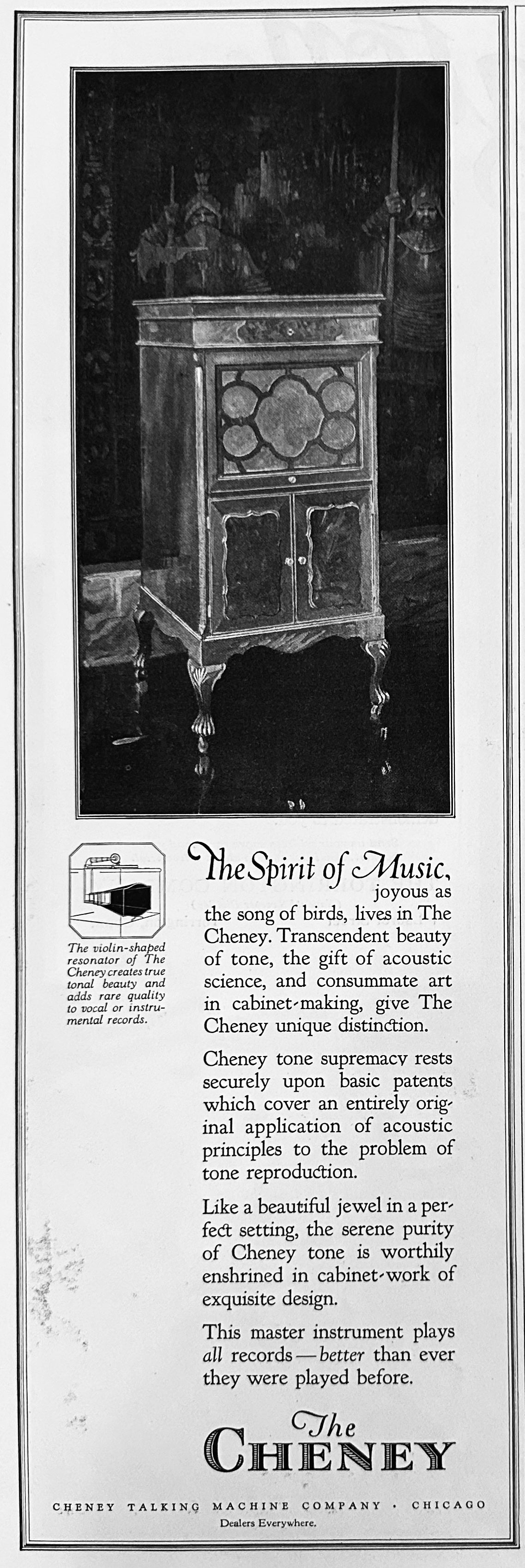 1920 Cheney Talking Machine Company Floor Model Phonograph Ad #2150