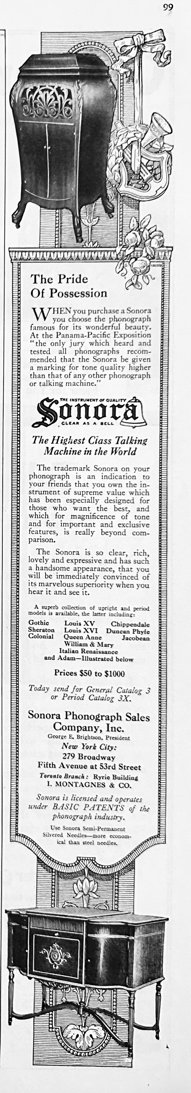 1920 Sonora Phonograph Sales Co New York Edge AD #2151