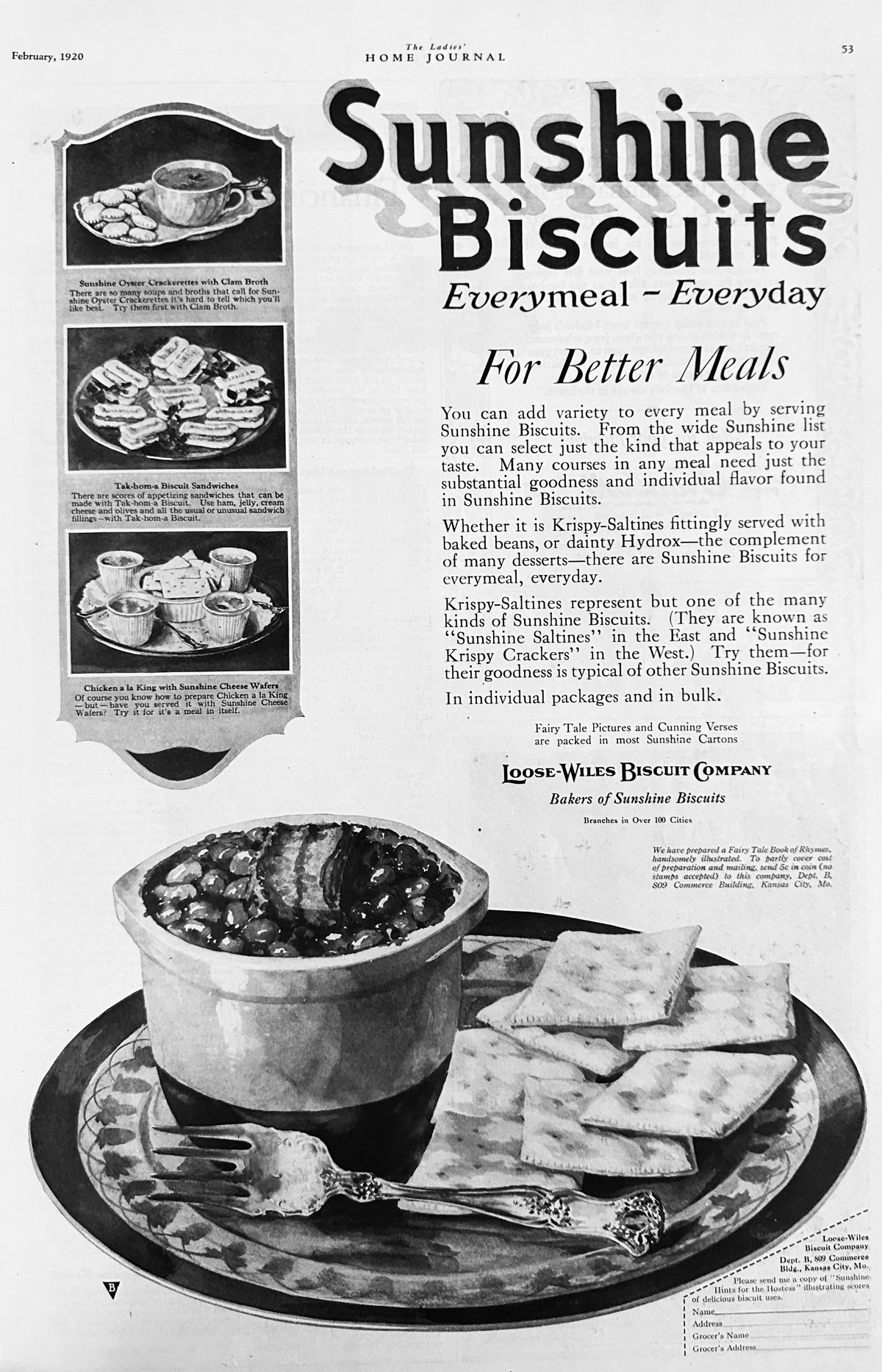 1920 Sunshine Biscuits Every Meal Everyday Loose-Wiles Biscuit Co Ad #2160