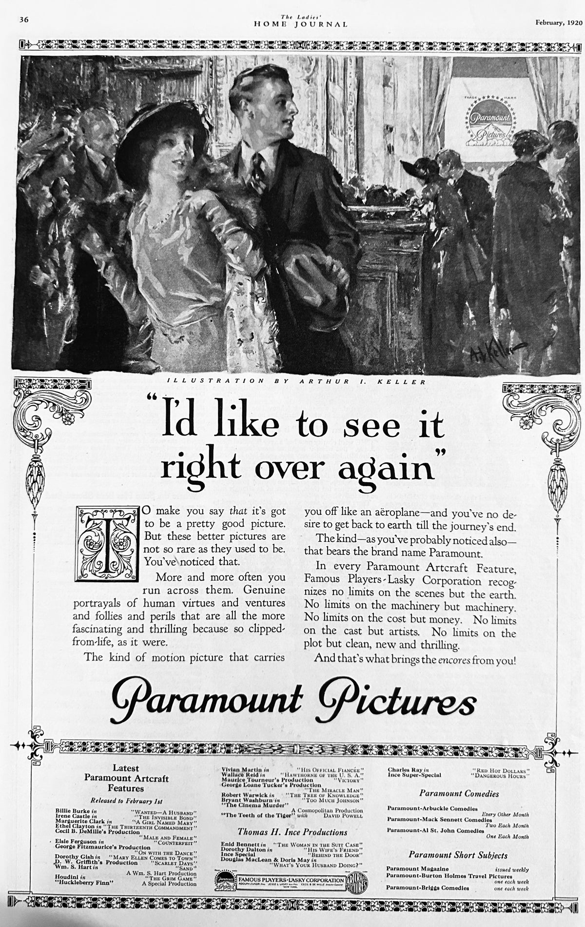 1920 Paramount Pictures - "I'd Like to See it Right Over Again!" AD #2163