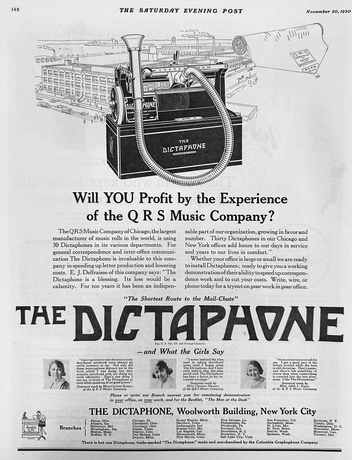 1920 "The Dictaphone" by the Columbia Graphophone Company Ad #2168
