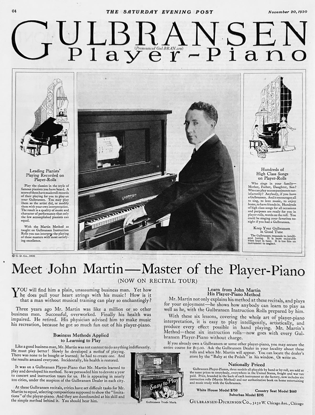 1920 Gulbransen Player-Piano - Meet John Martin Player Piano Master Ad #2179