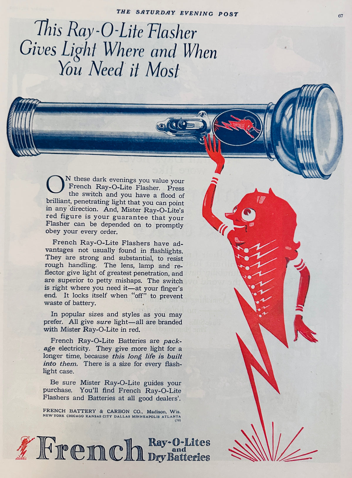 1920 Very Unique French Ray-O-Lite Flasher Flashlight Ad # 2180