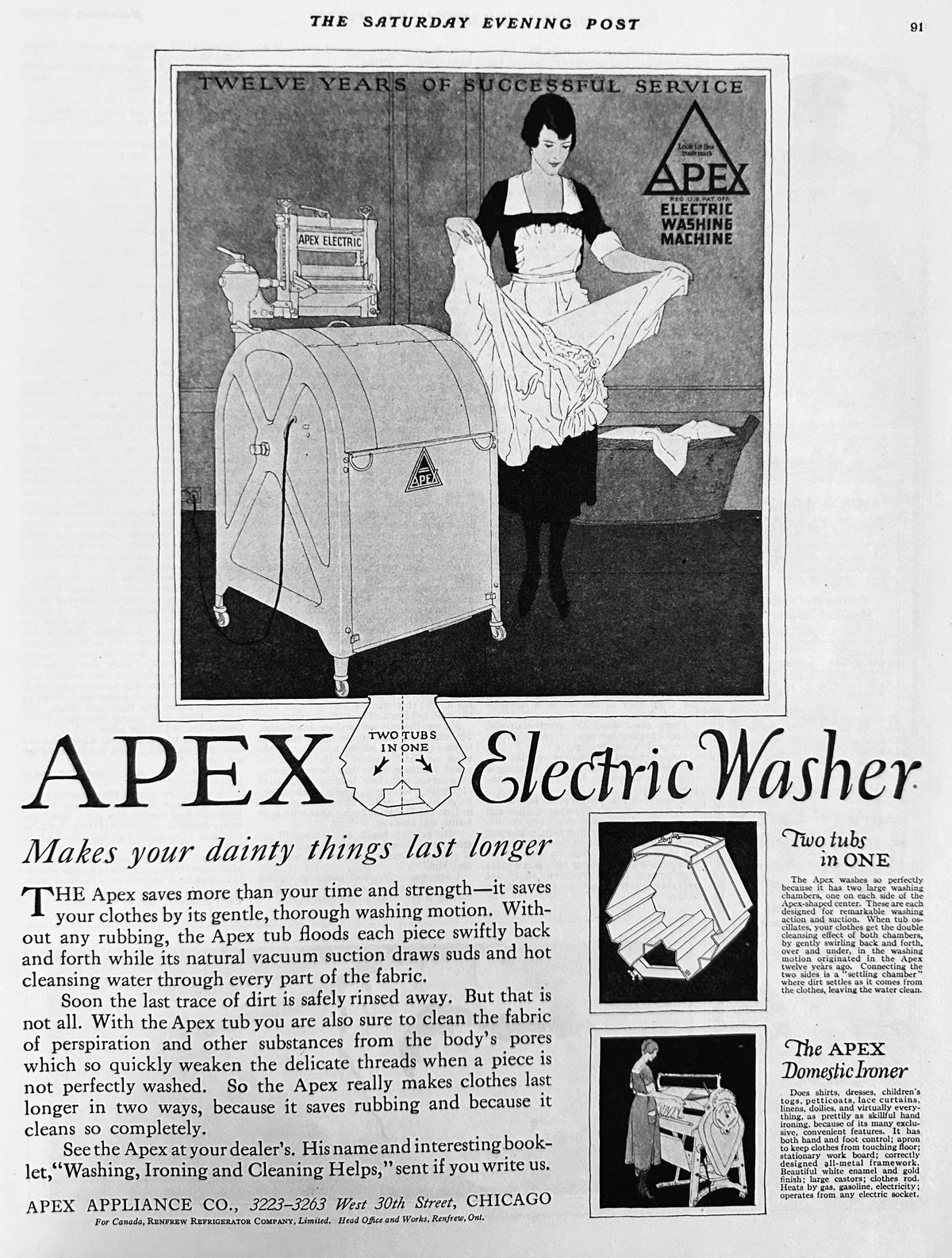 1920 Apex Electric Wringer Washer Ad #2182 Chicago
