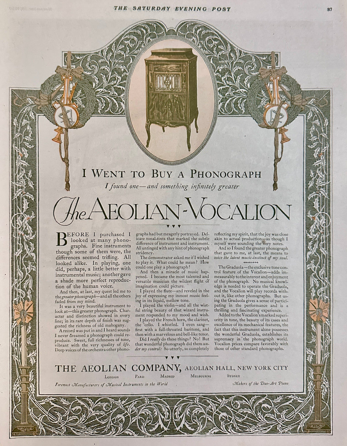 1920 the AEOLIAN- VOCALION Phonograph - New York City Ad #1283