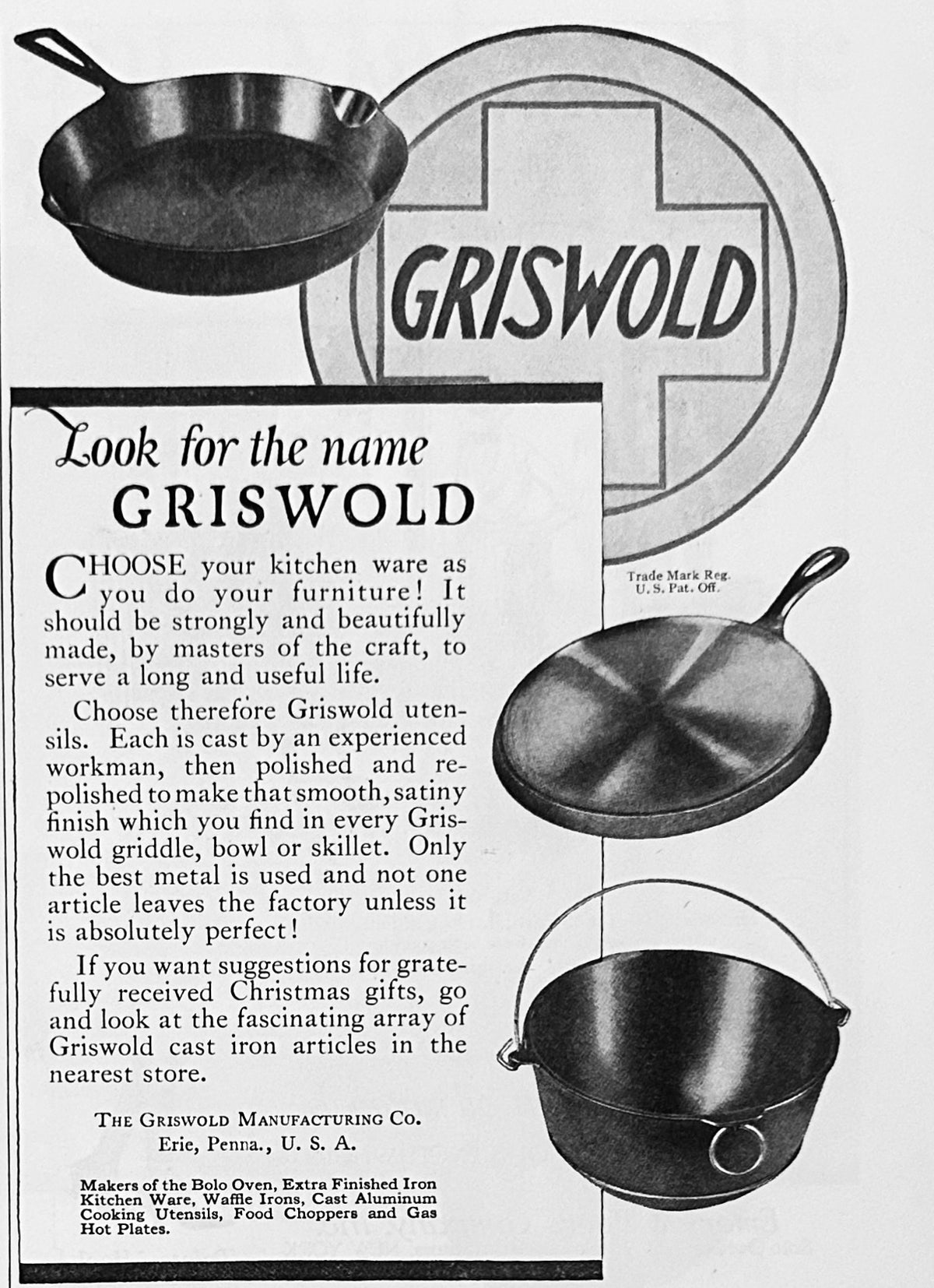 1920 Griswold Cast Iron Cookware Original Ad #2190